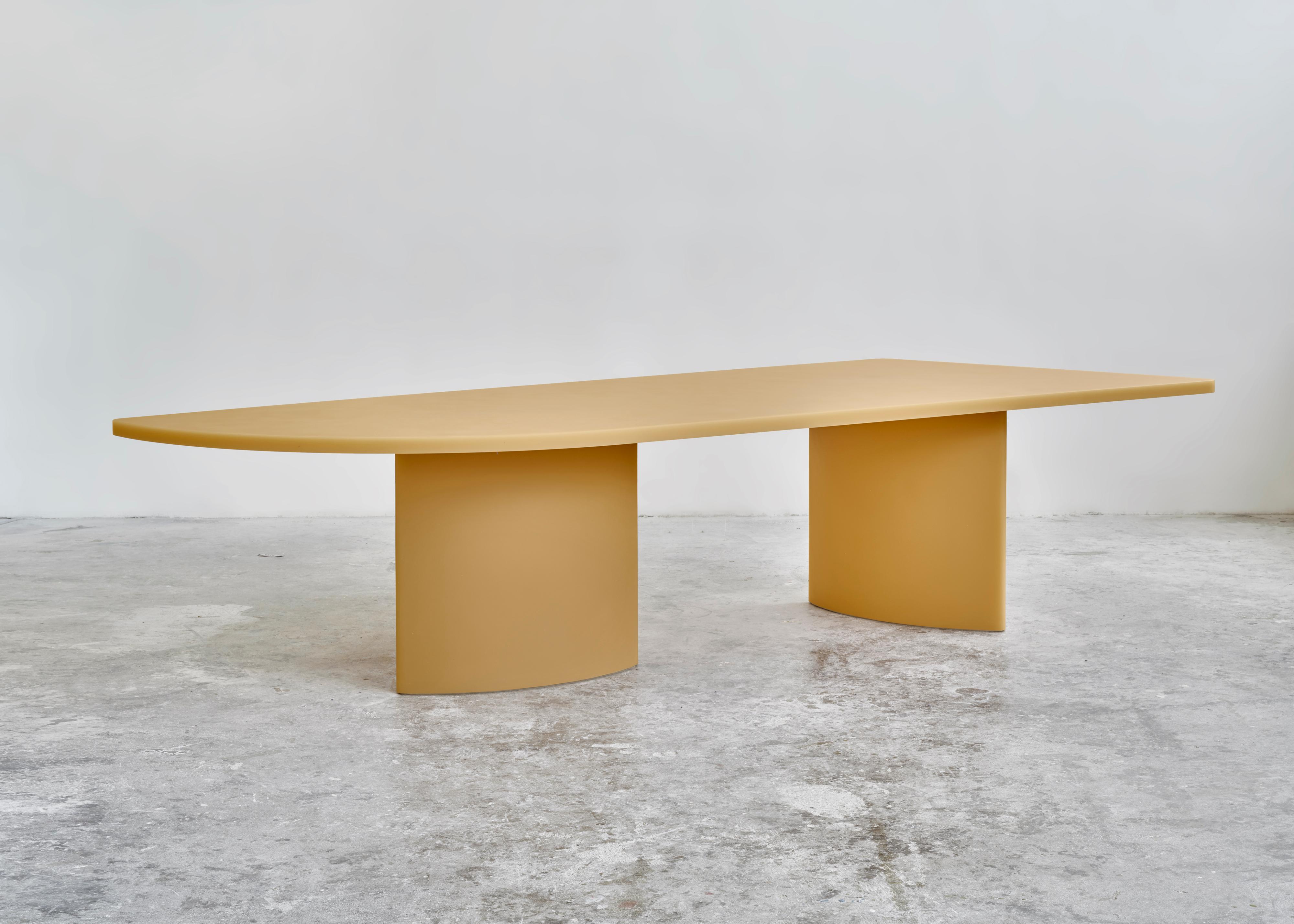 Sabine Marcelis’ SOAP Table is a dynamic dinner setting, featuring her signature resin with a soapy matte surface, now with cylinder column legs and the beautiful honey colour. It is designed with the sound psychology of dining in mind. So when
