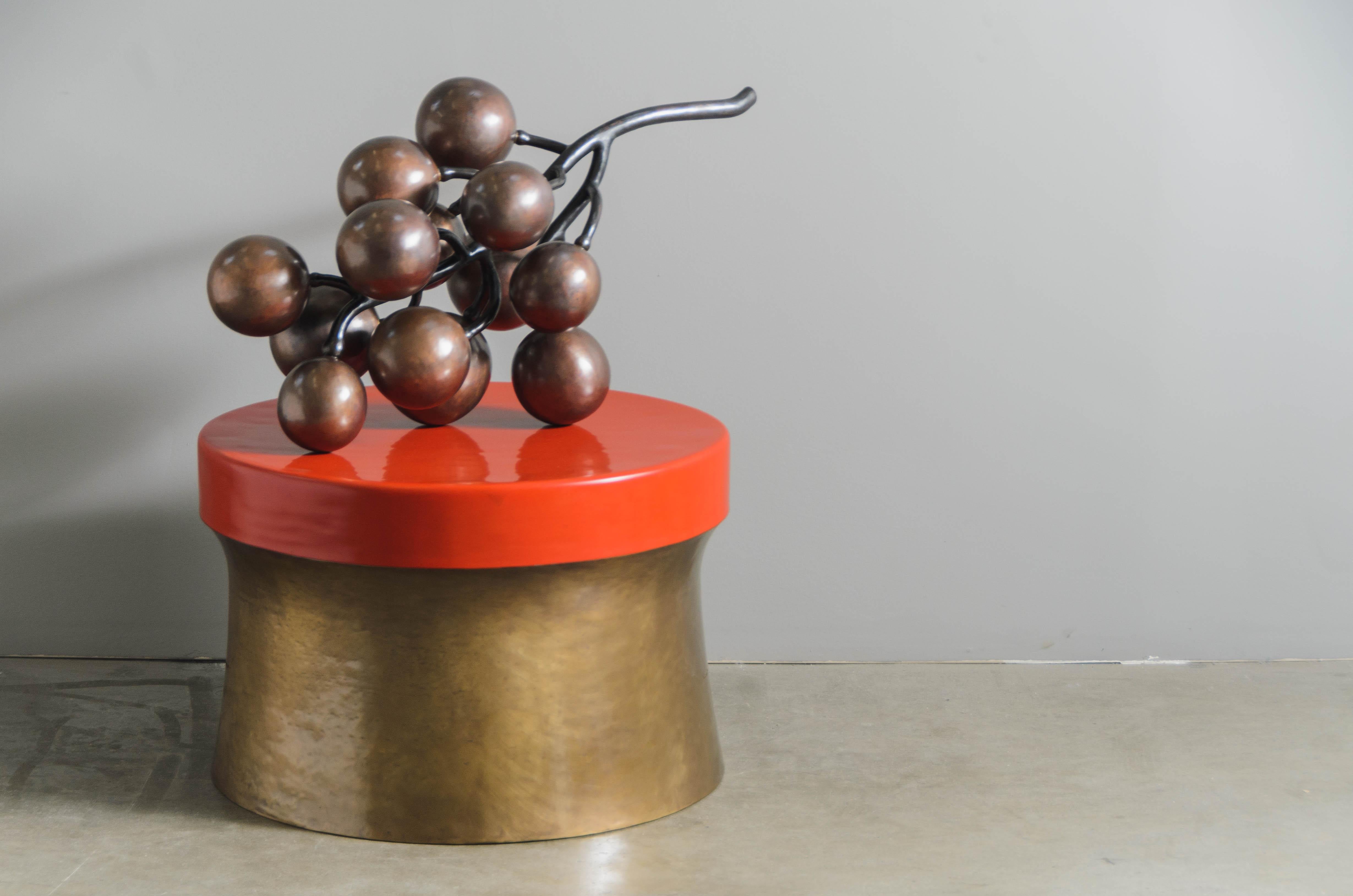 Repoussé Contemporary Dong Shan Table in Red Lacquer and Brass by Robert Kuo For Sale