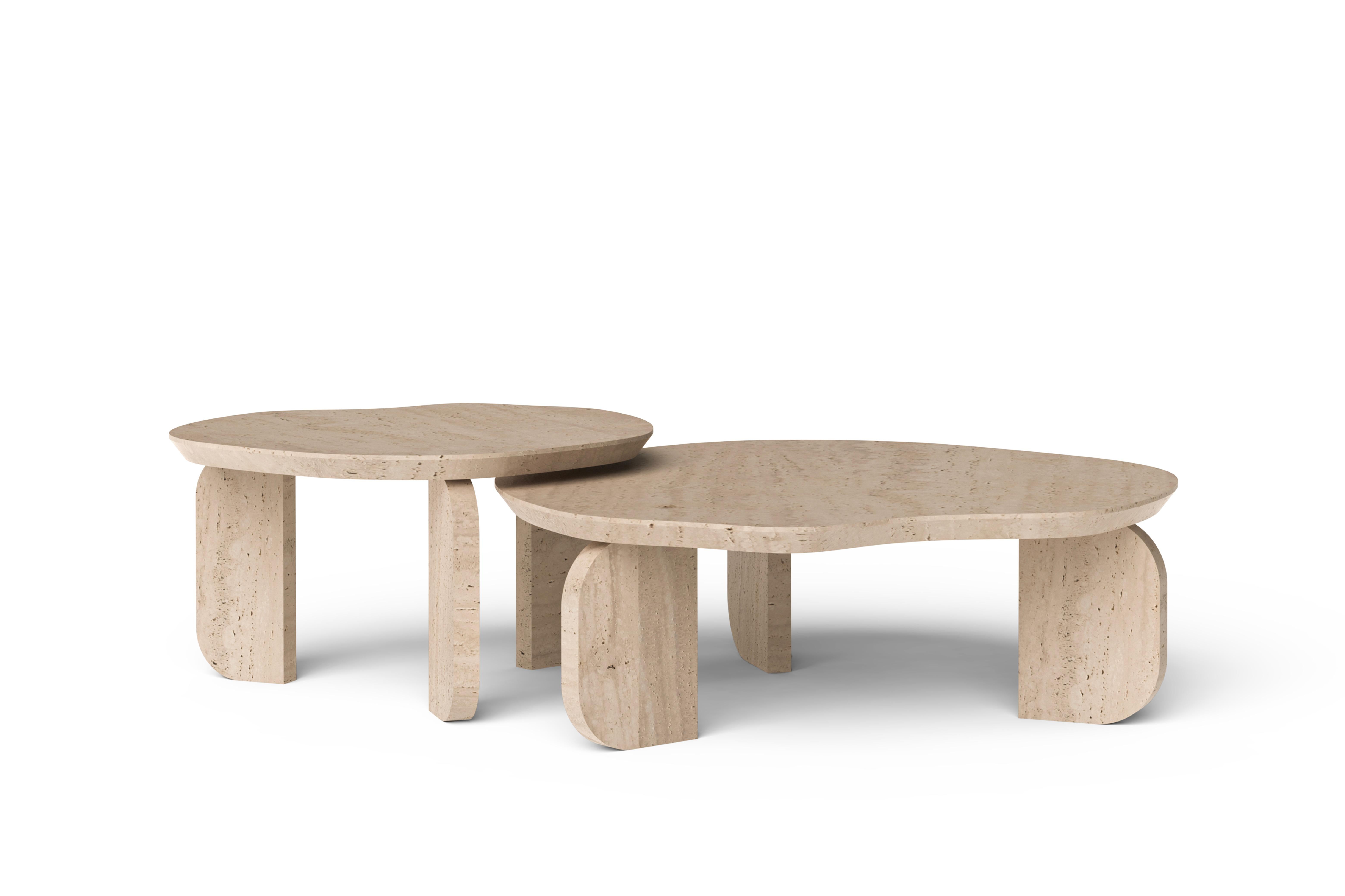 Mid-Century Modern Contemporary Dornes Nesting Coffee Table Set/2, Travertine, Handmade Greenapple en vente