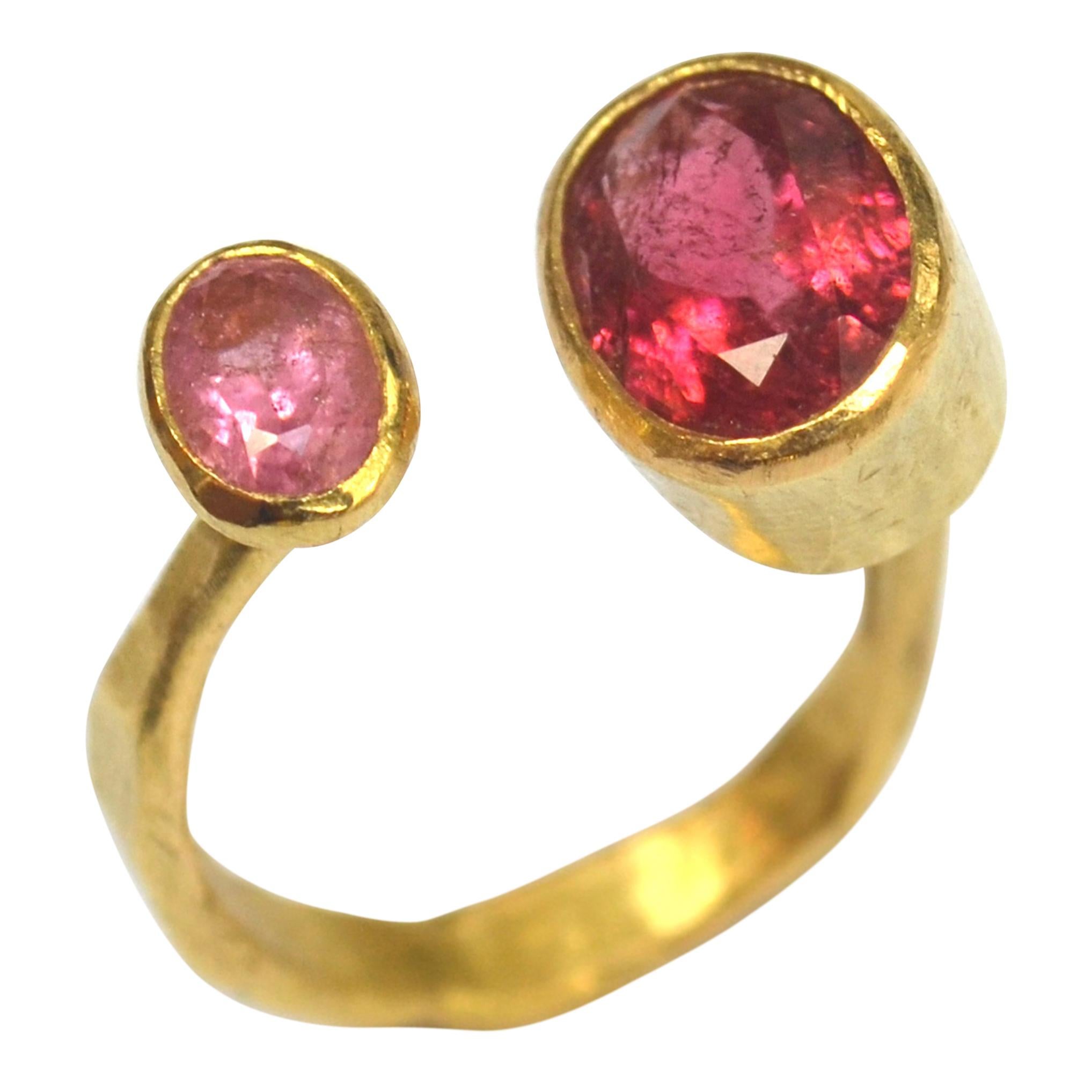 Contemporary Double Pink Tourmaline 18 Karat Gold Handmade Ring by Disa Allsopp For Sale