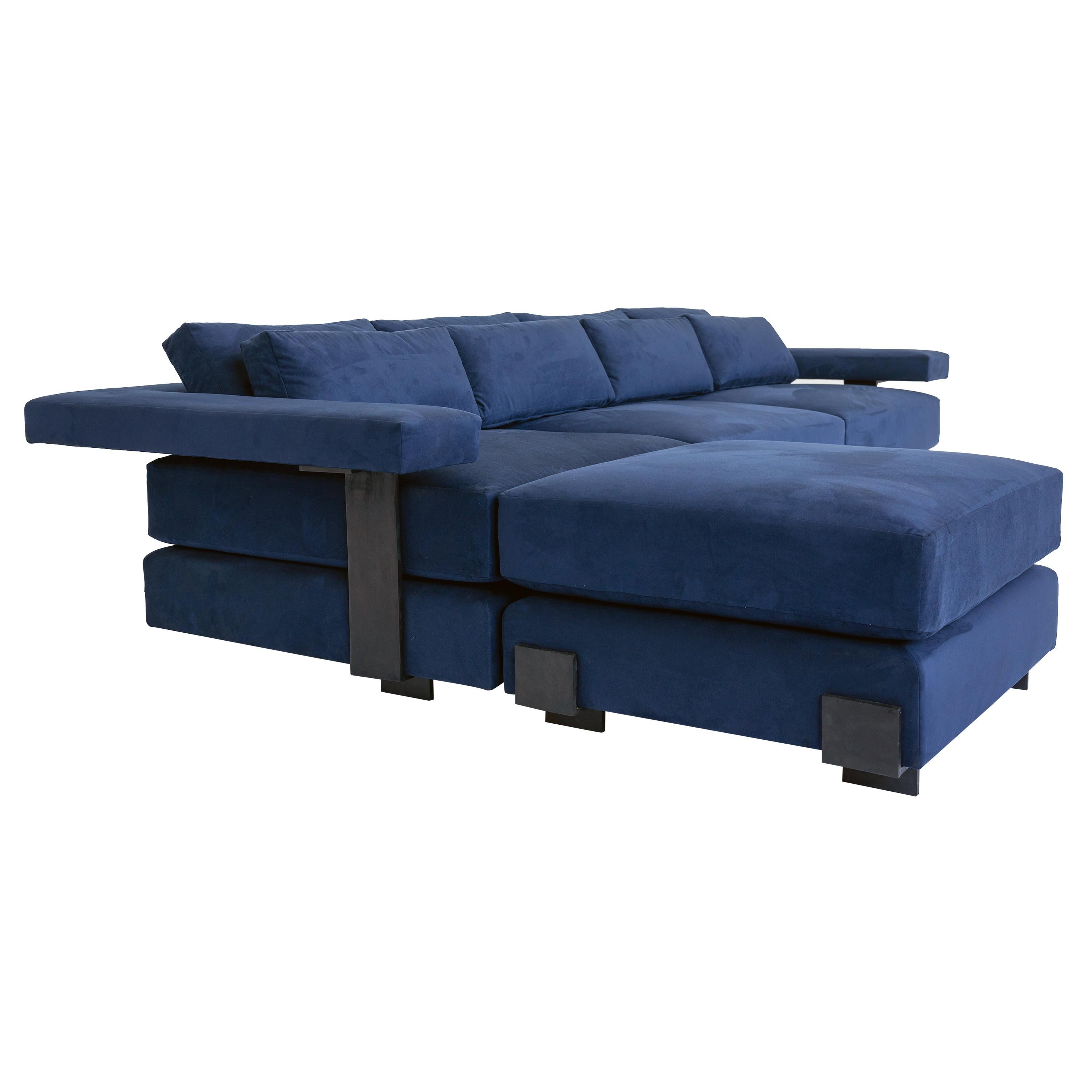 Sectional Sofa & Ottoman Contemporary Down Filling with Handcarved Steel Details For Sale