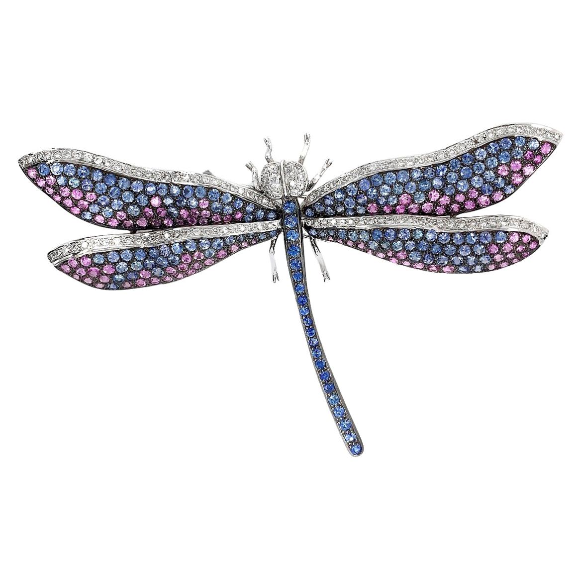Broche Contemporáneo Libélula Azul Multicolor y Zafiro Rosa Diamante