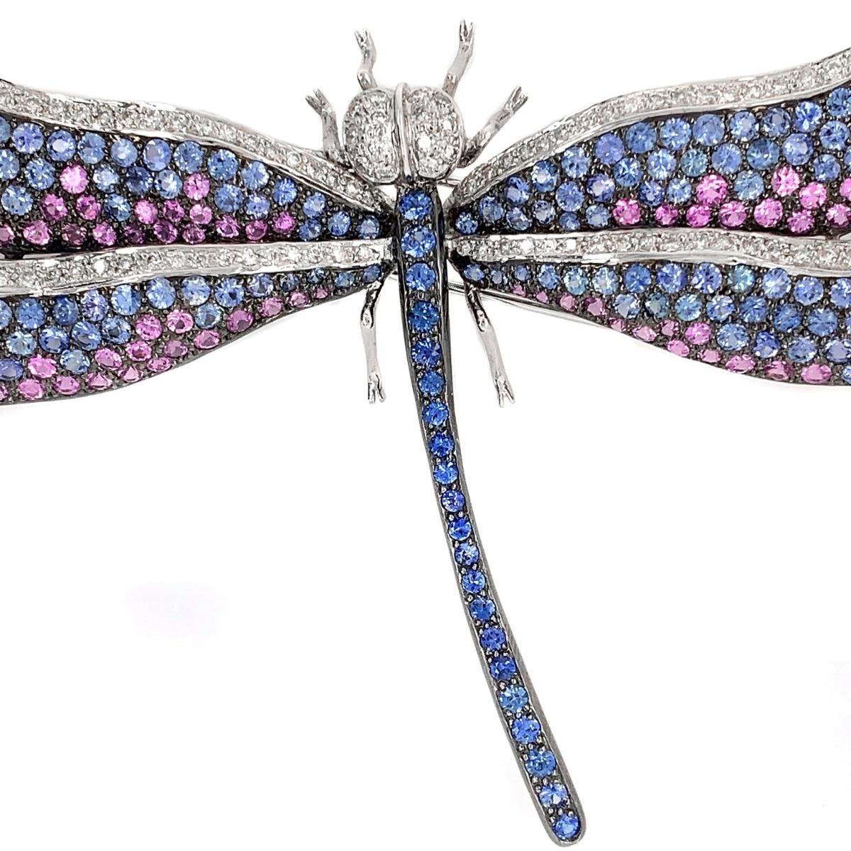Women's Contemporary Dragonfly Multicolored Blue and Pink Sapphire Diamond Brooch For Sale