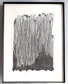 Contemporary Drawing in Black Ink Monogram OF19. Blackened Metal Frame
