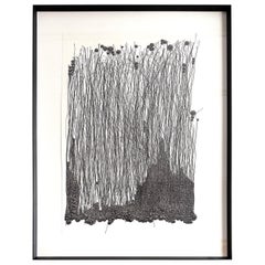 Contemporary Drawing in Black Ink Monogram OF19.  Blackened Metal Frame