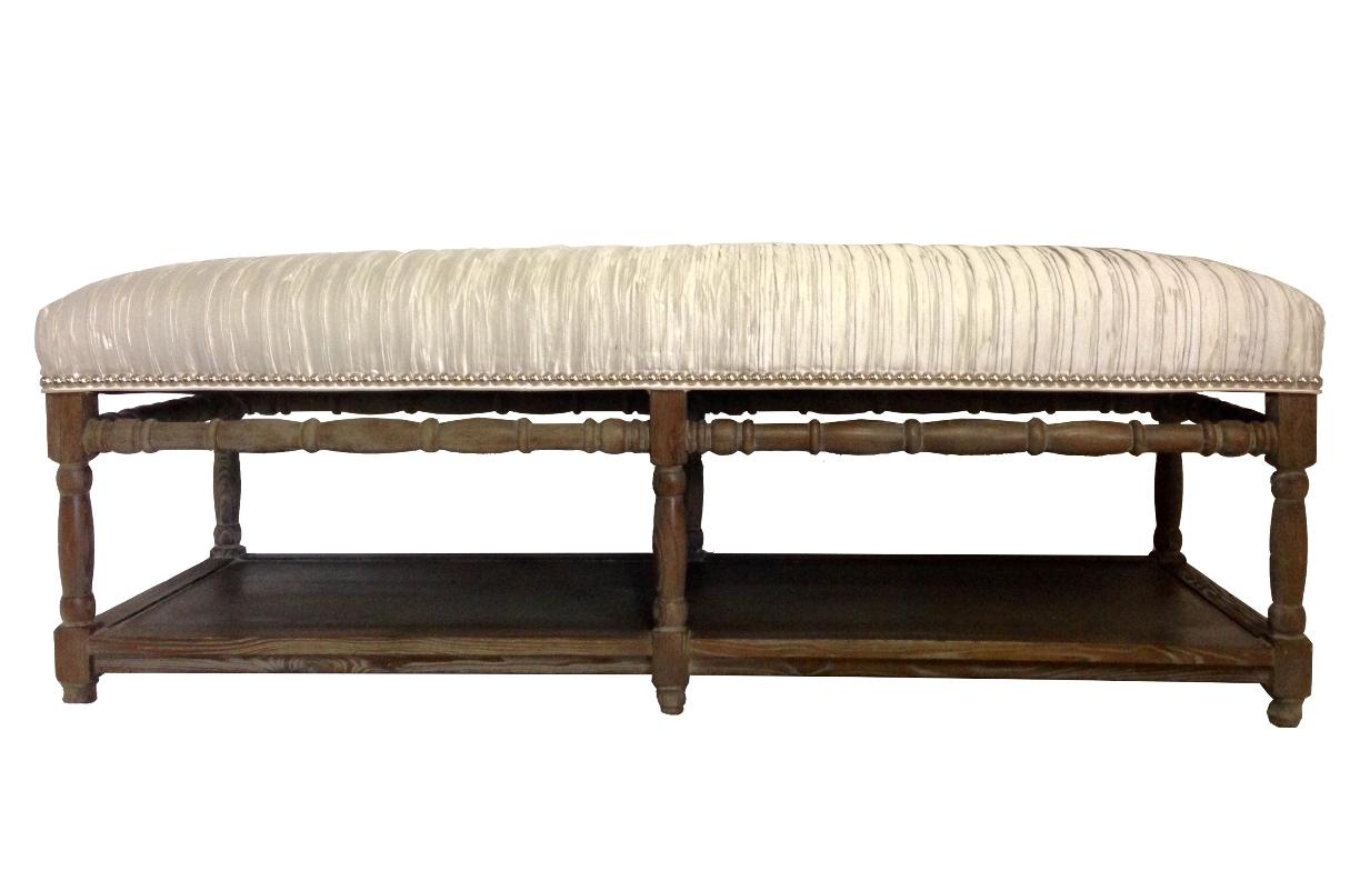 21st Century Contemporary Cerused Wood Custom Upholstered long bench. This new cerused driftwood wash wood bench has been newly upholstered in a Romo fabric of silk/satin silver metallic pleated fabric, self-welt and chrome nail head detail. The