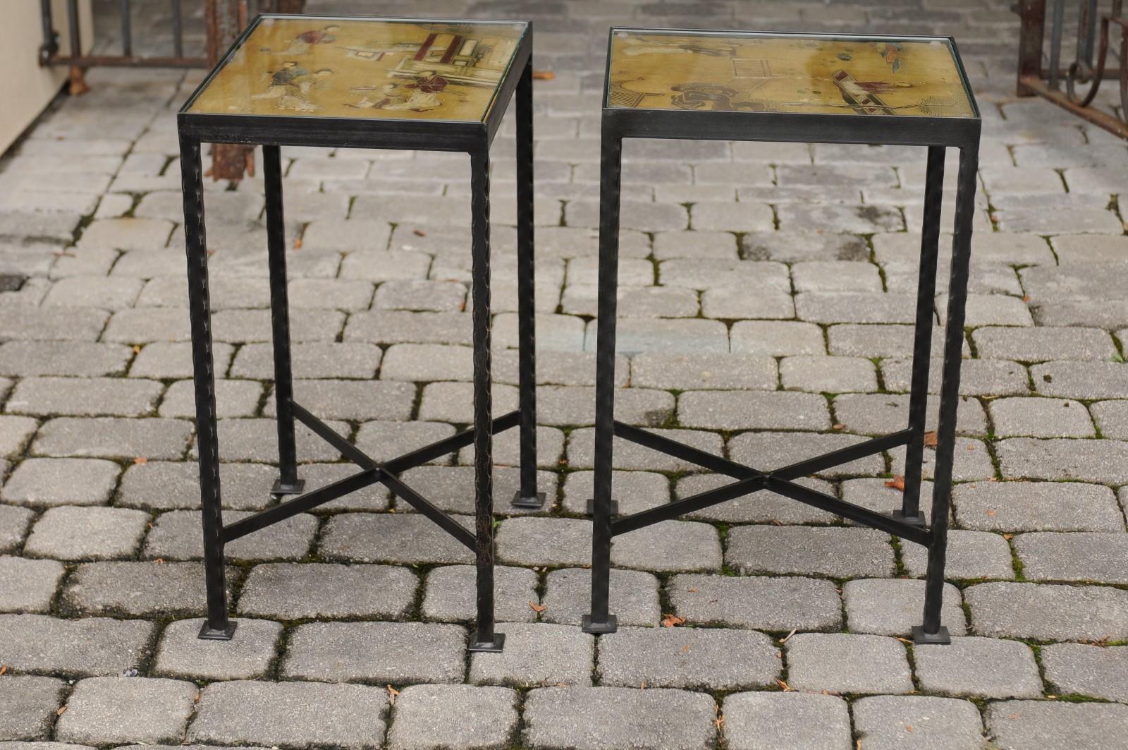 Iron Contemporary Drink Table Made of 19th Century Coromandel Screen and Custom Base