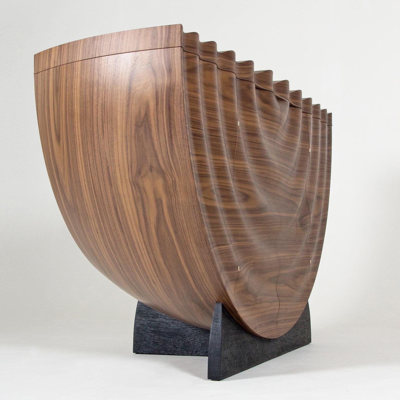 Lacquered Contemporary Rippled Drinks Cabinet in Walnut and Oak: In Stock For Sale