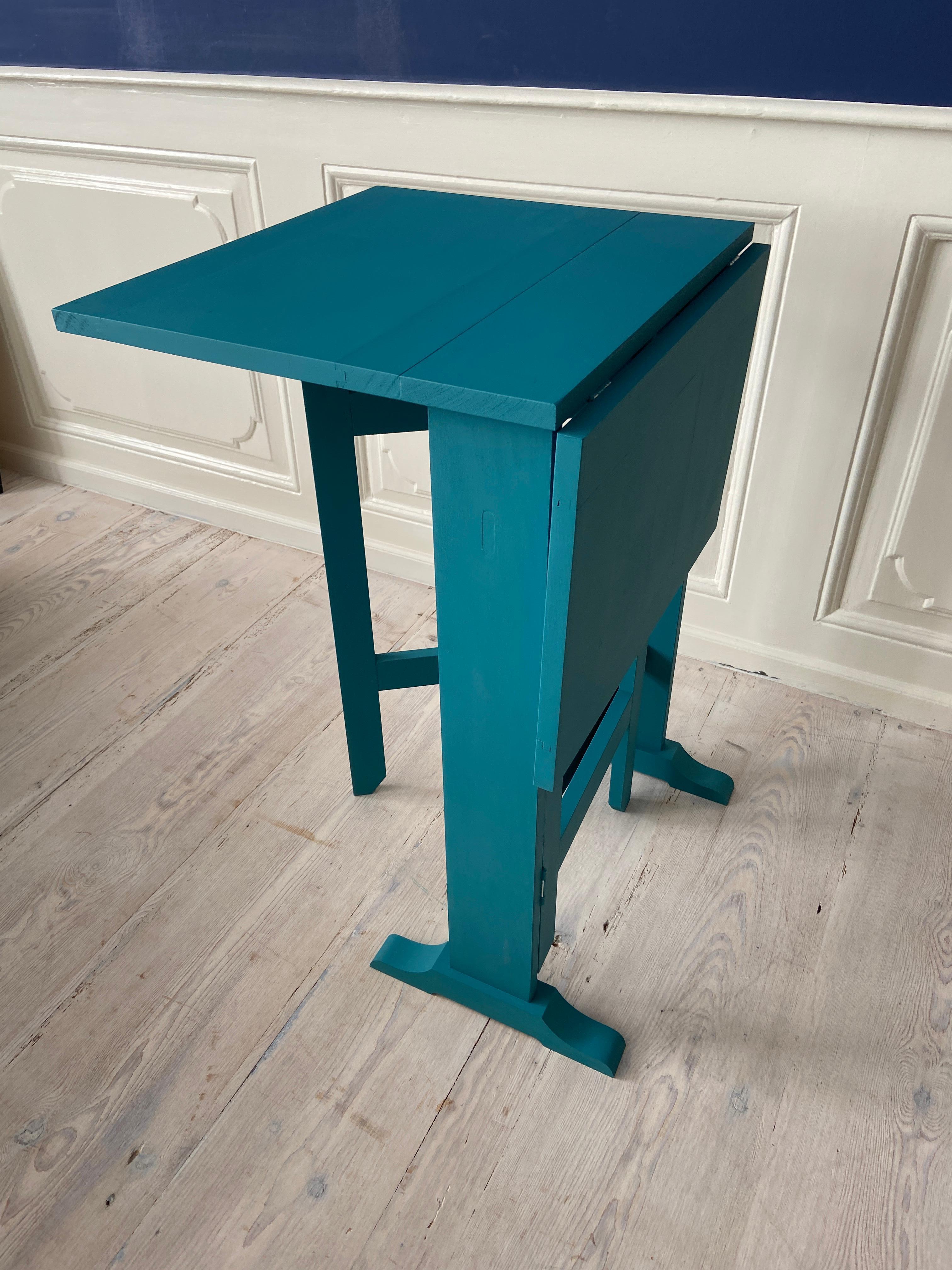 Contemporary Drop Leaf Table in Petrol Blue Painted Wood, Belgium 1