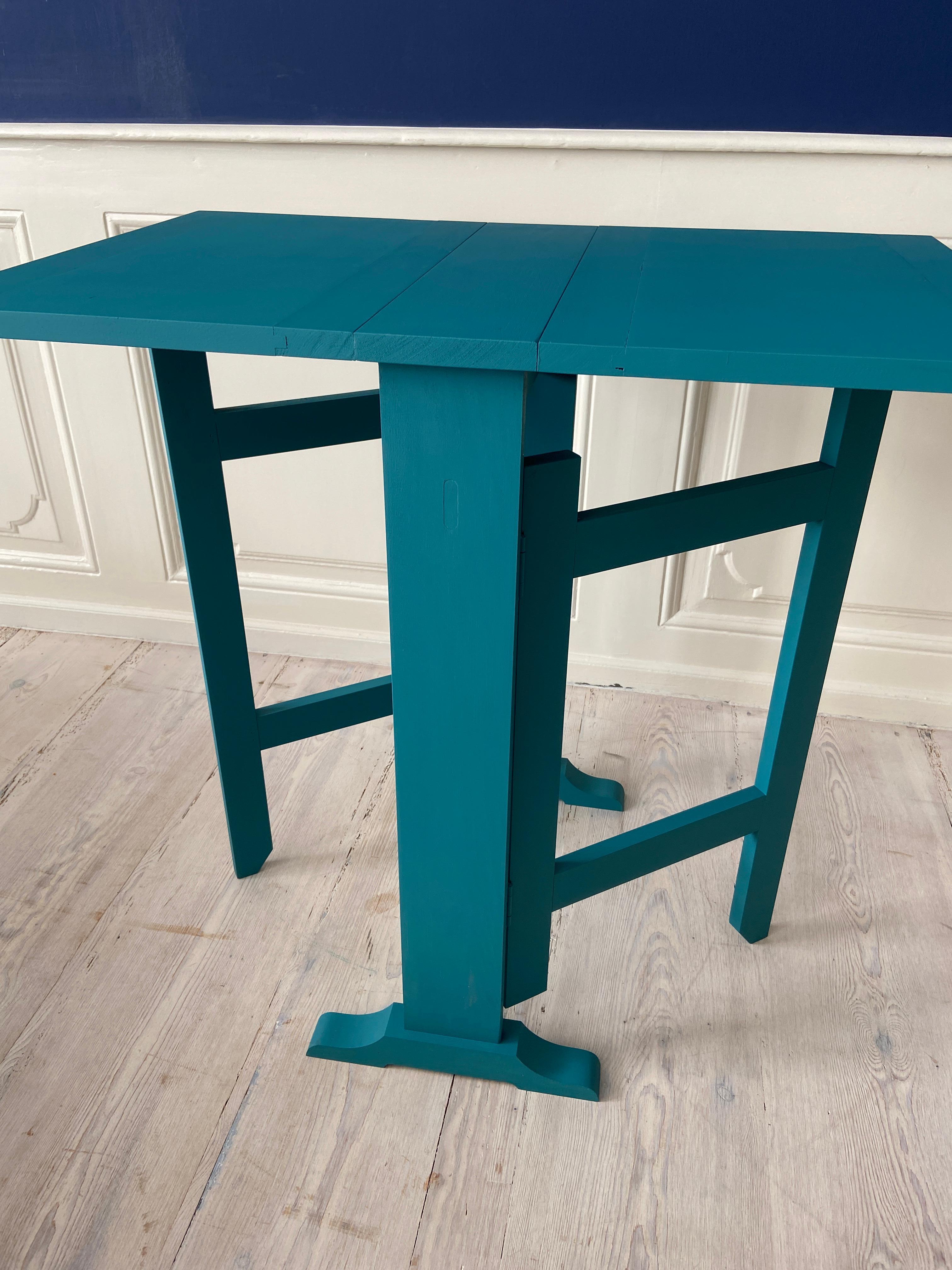 Contemporary Drop Leaf Table in Petrol Blue Painted Wood, Belgium 2