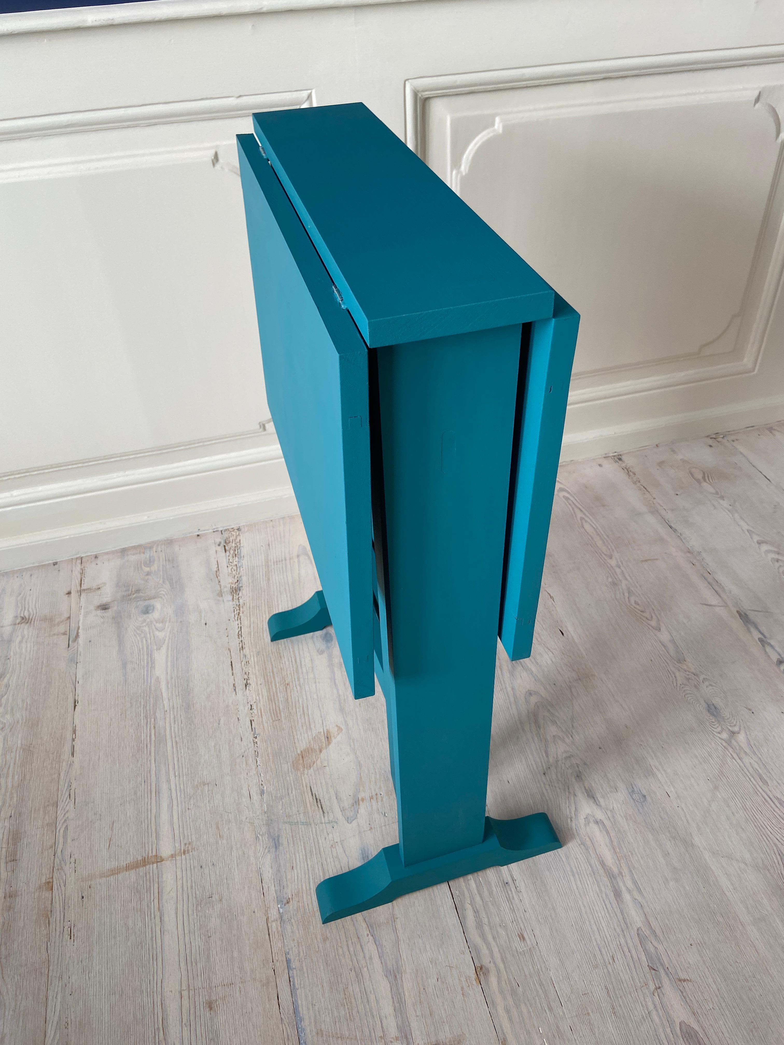 Contemporary Drop Leaf Table in Petrol Blue Painted Wood, Belgium 3