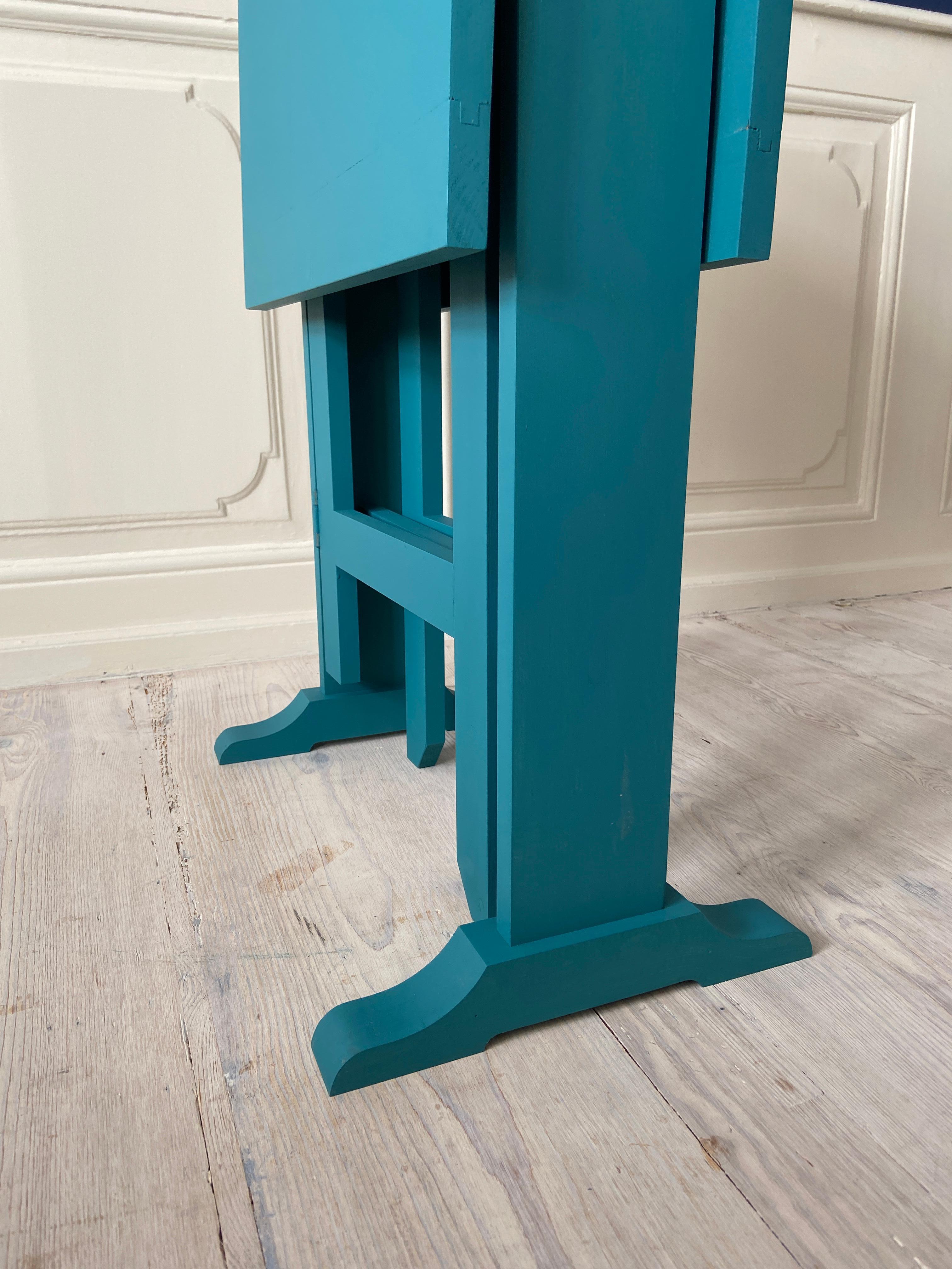 Contemporary Drop Leaf Table in Petrol Blue Painted Wood, Belgium 4