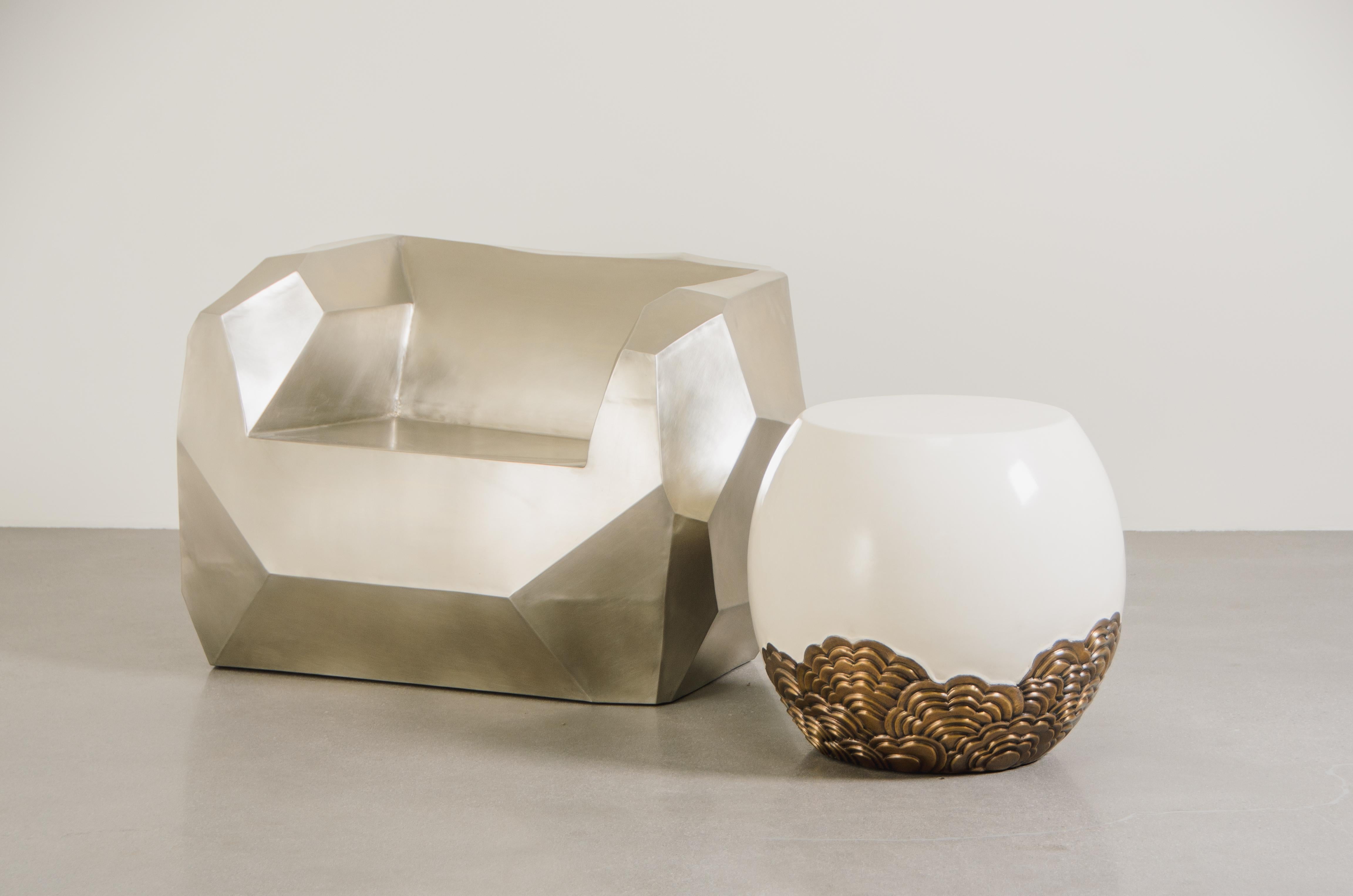 Lacquered Contemporary Drumstool w/ Brass Hua Design in Cream Lacquer by Robert Kuo For Sale