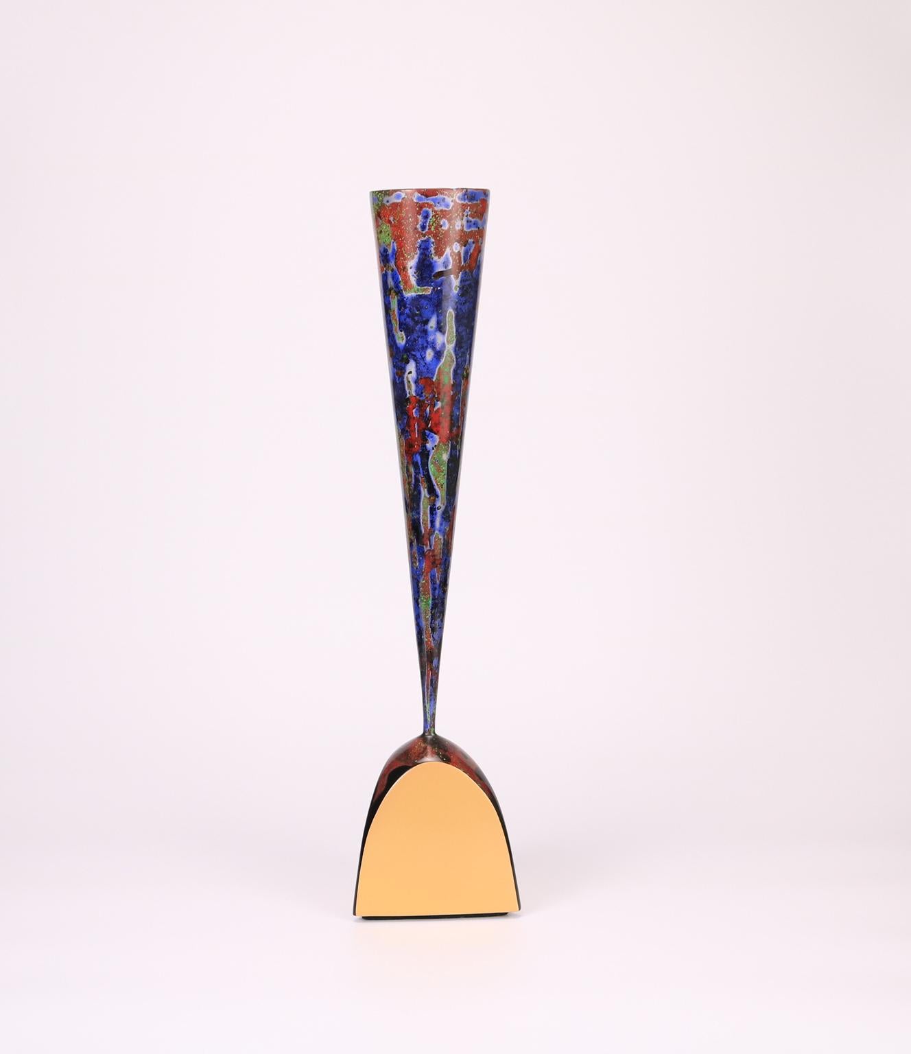 A bold statement of character and fierce personality qualify this ultramodern flamboyant vessel featuring a colorful dry lacquer decoration and  a 24-karat gold lacquer accent. Vermillion, neon green, black, pink, ultramarine blue, silver and gold
