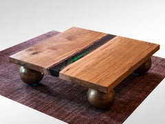 Contemporary Durmast Coffee Table with Emerald Resin Band and Bowling Balls Base