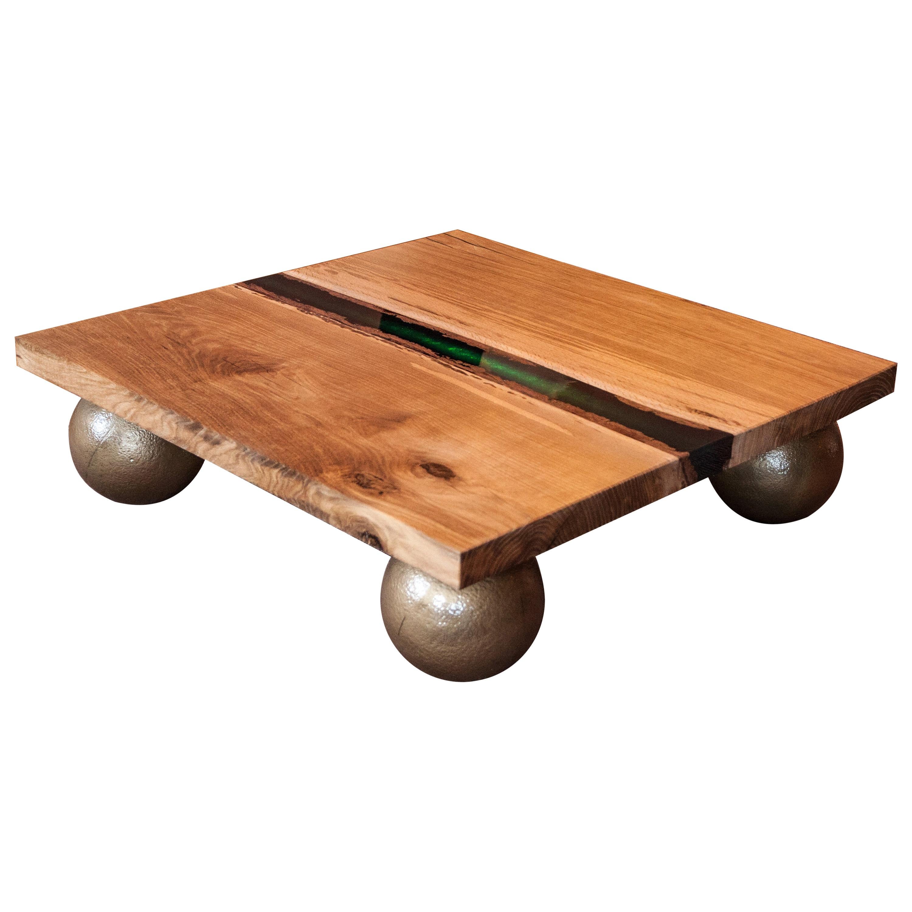 Contemporary Durmast Coffee Table with Emerald Resin Band and Bowling Balls Base For Sale