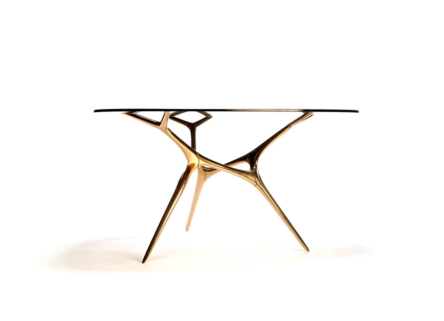 E-Volved Table in Polished Bronze and Etched Glass by Timothy Schreiber In New Condition In Philadelphia, PA