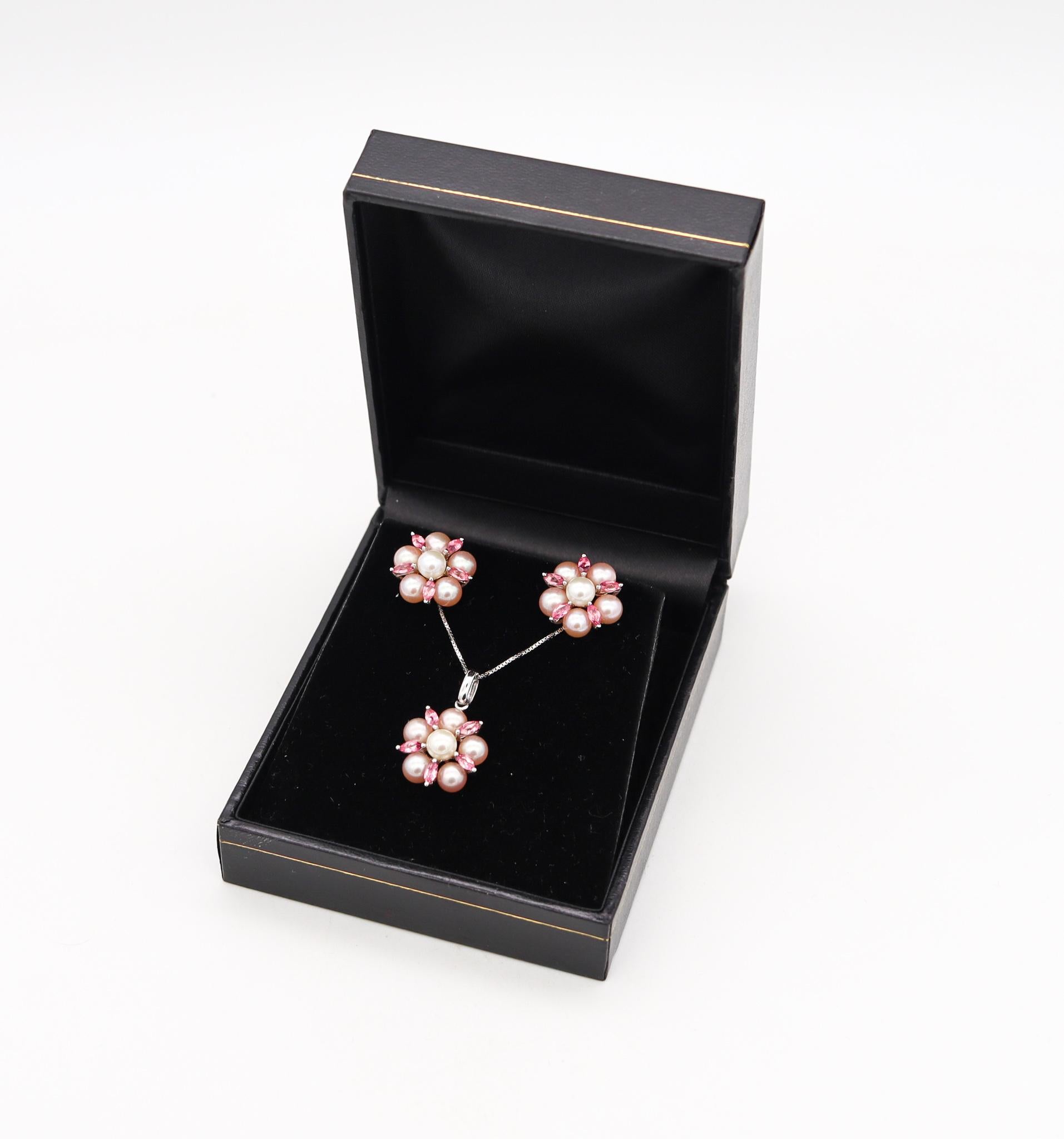 Zeitgenössische Ohrringe Suite 14Kt Gold 1,07 Karat mit rosa Saphiren und Perlen im Angebot 2