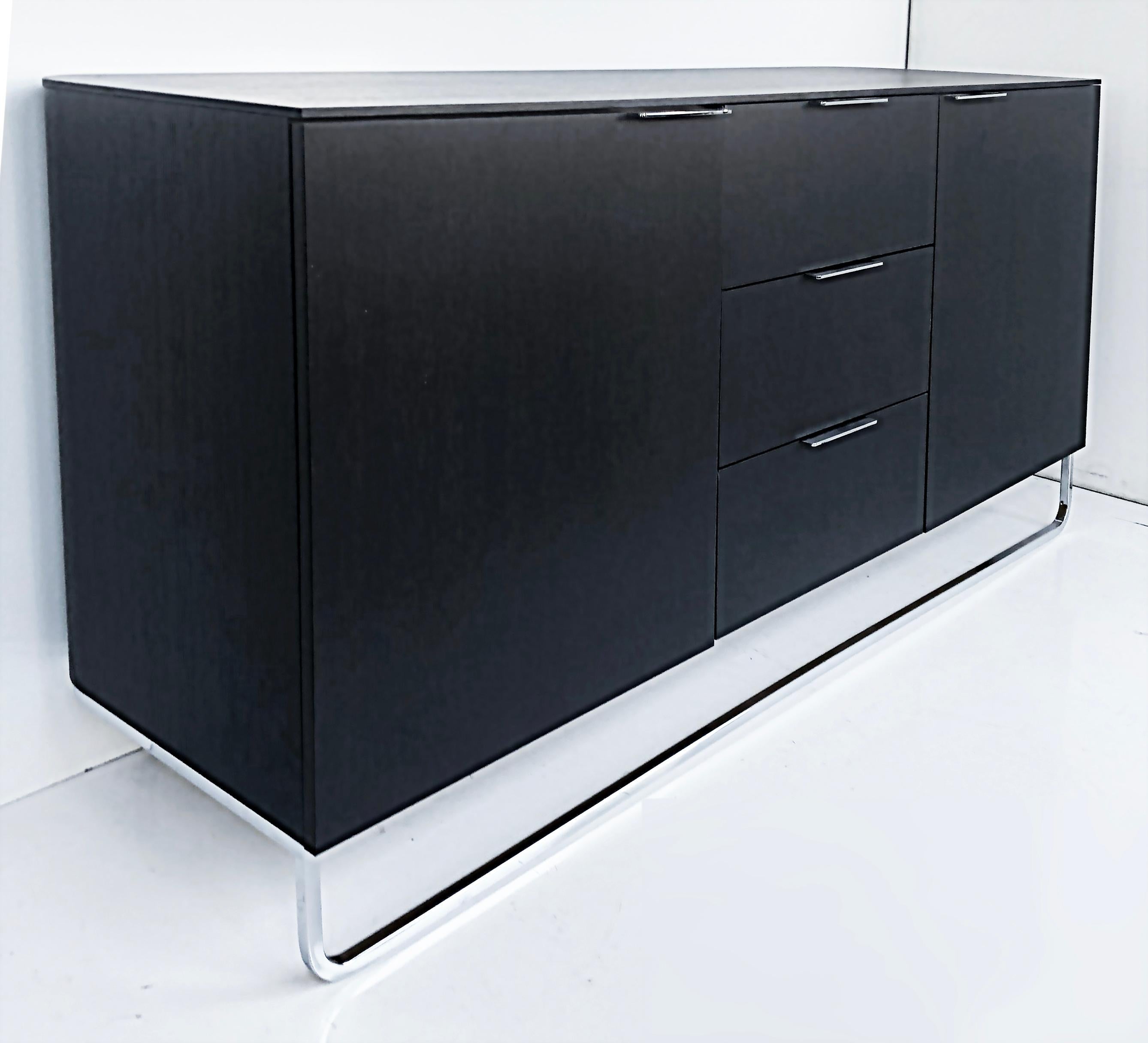 Contemporary Ebonized Wood and Chrome Credenza, 2 Doors Flanking 3 Drawers For Sale 1