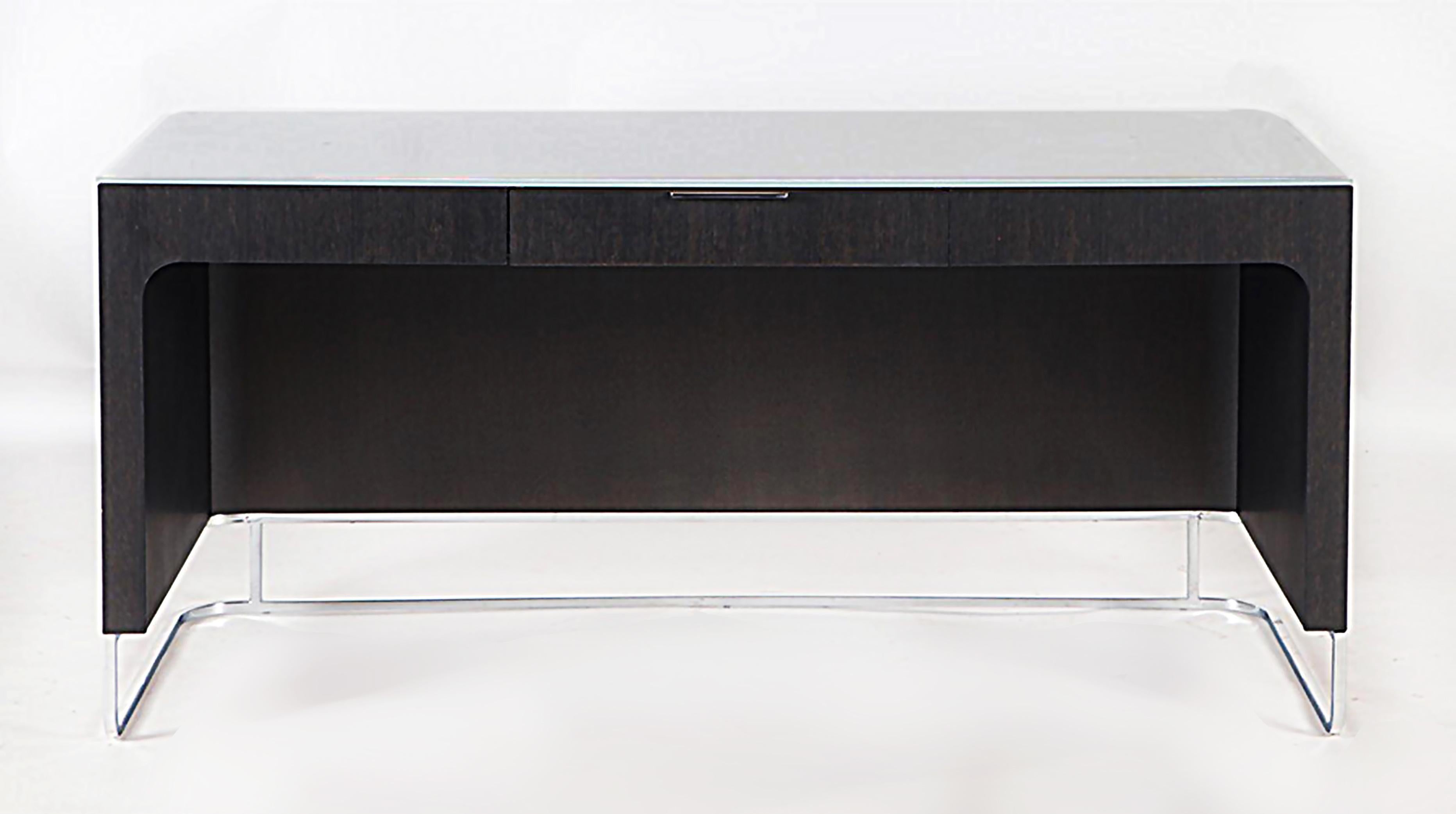 Contemporary Ebonized Wood and Chrome Credenza, 2 Doors Flanking 3 Drawers For Sale 3