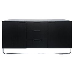 Used Contemporary Ebonized Wood and Chrome Credenza, 2 Doors Flanking 3 Drawers