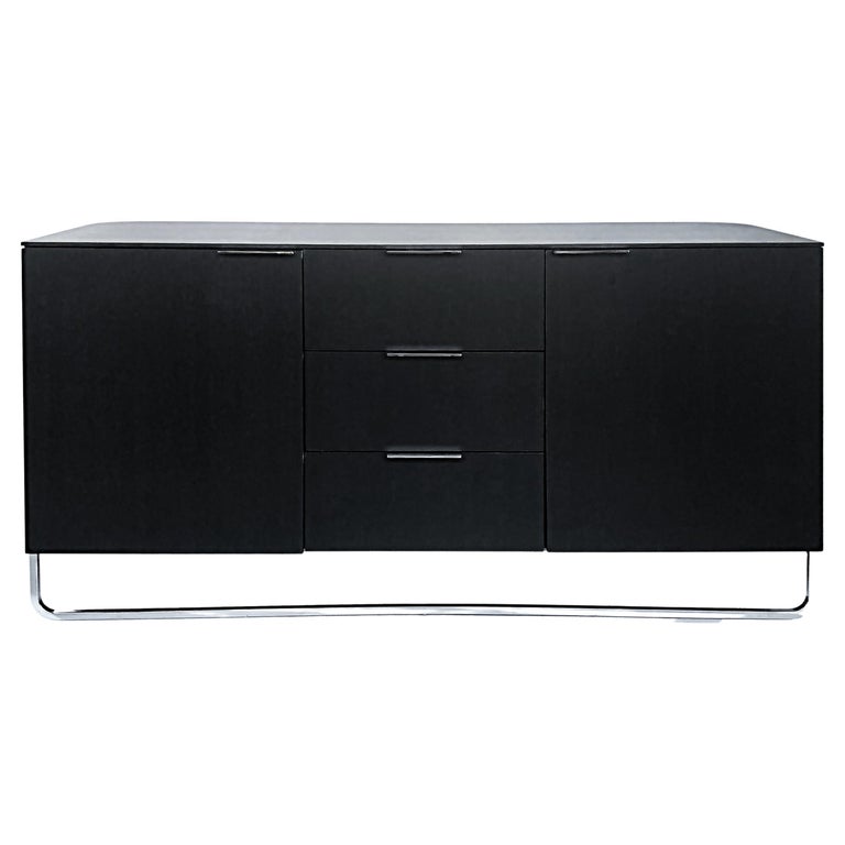 Contemporary Ebonized Wood and Chrome Credenza, 2 Doors Flanking 3