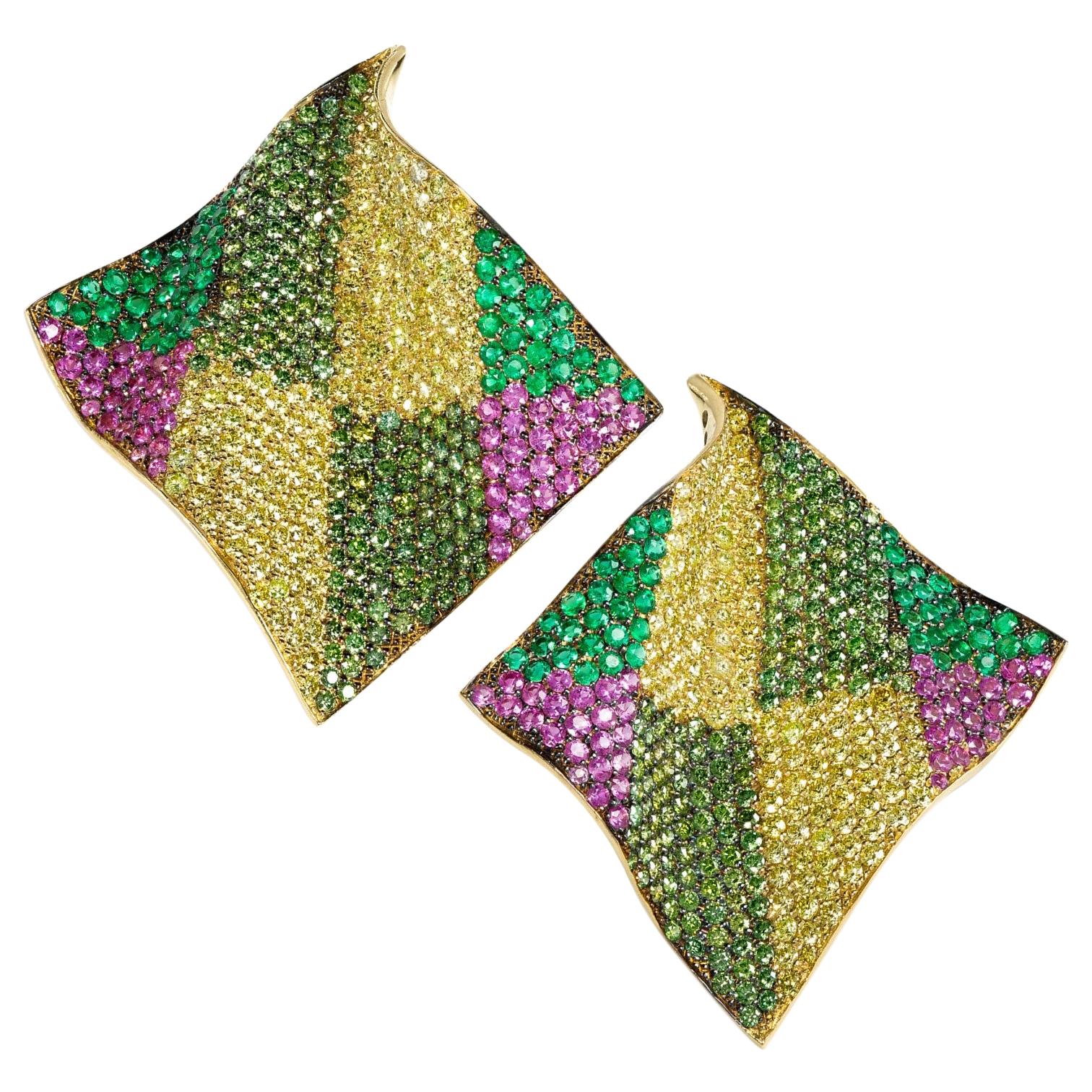 Rosior one-off Diamond, Sapphire and Emerald Contemporary "Echarpe" Earrings 