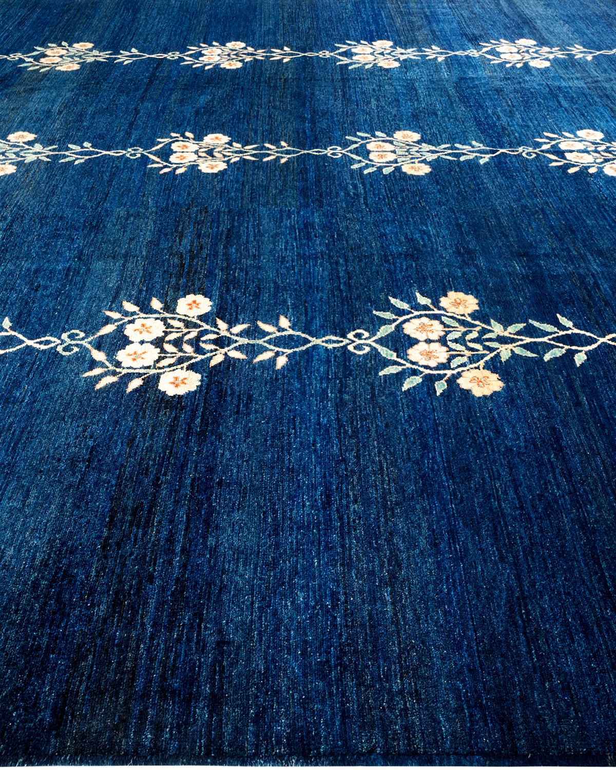 Contemporary Eclectic Hand Knotted Wool Blue Area Rug In New Condition For Sale In Norwalk, CT