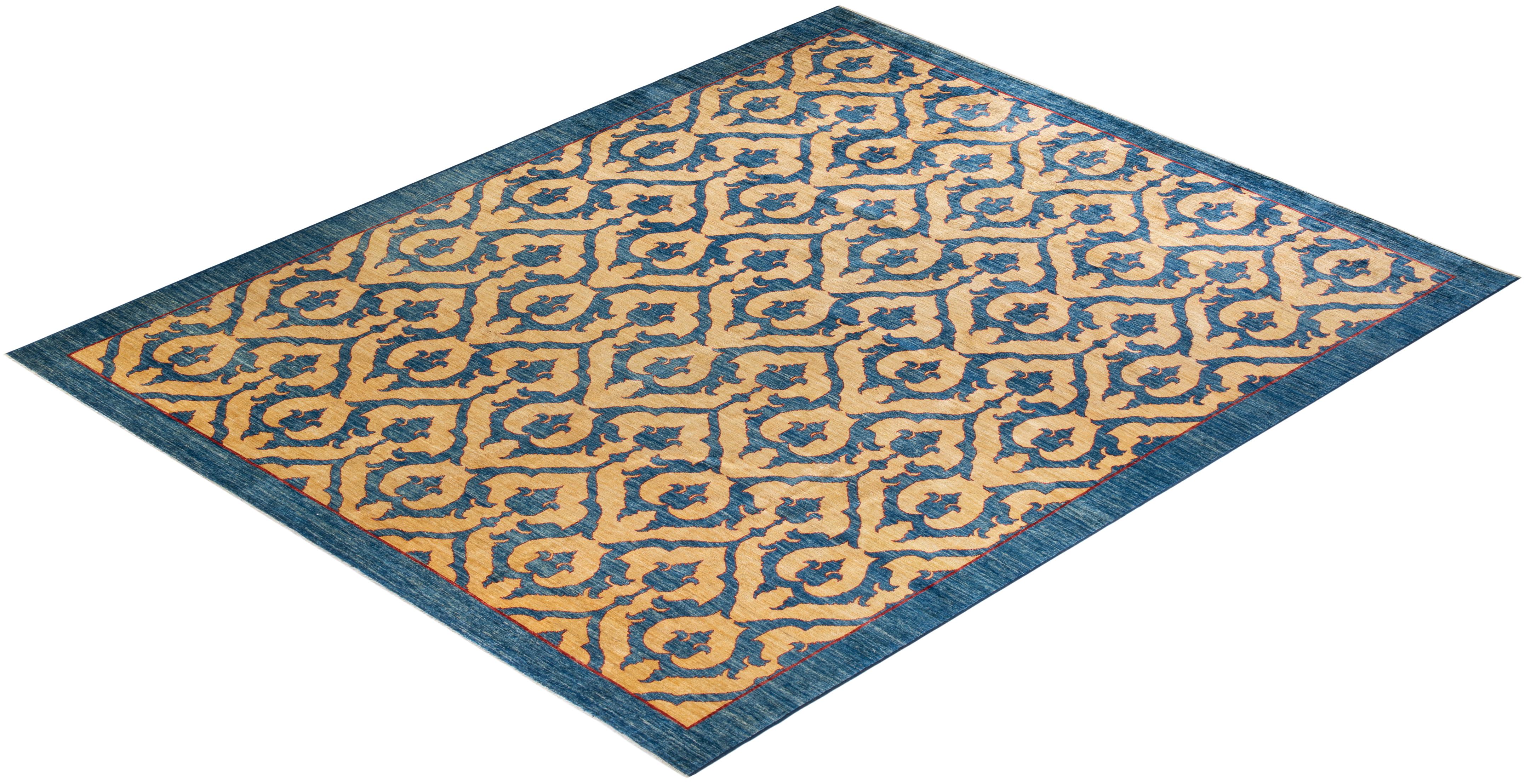 Contemporary Eclectic Hand Knotted Wool Blue Area Rug For Sale 4