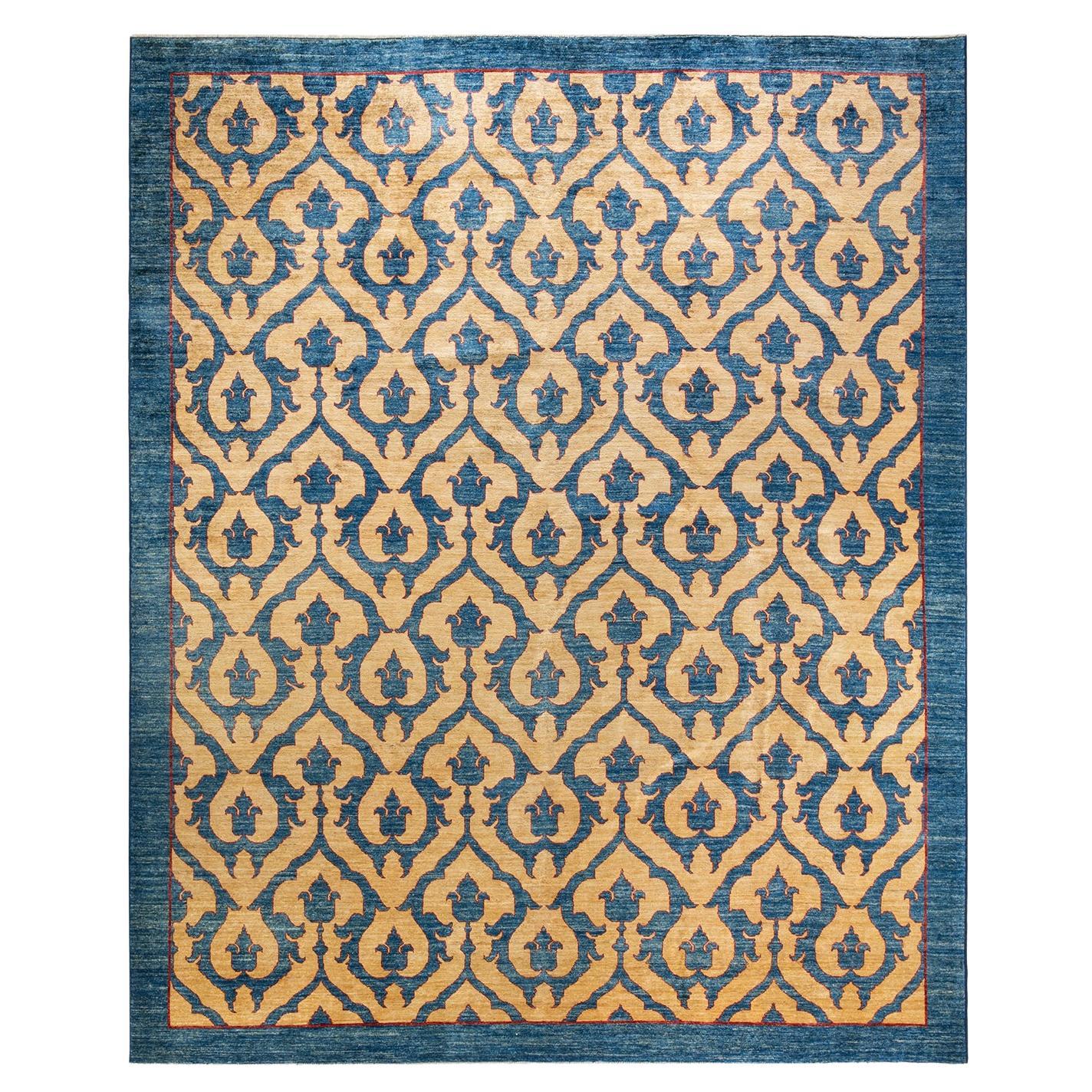 Contemporary Eclectic Hand Knotted Wool Blue Area Rug For Sale
