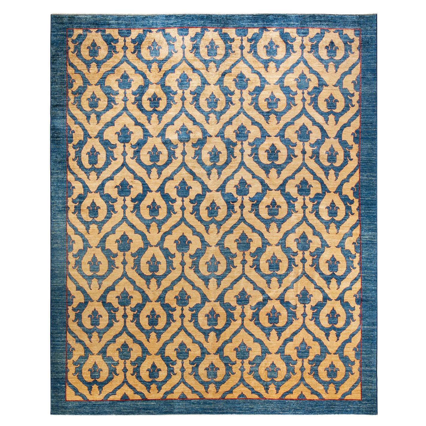 Tapis éclectique contemporain en laine nouée à la main bleu