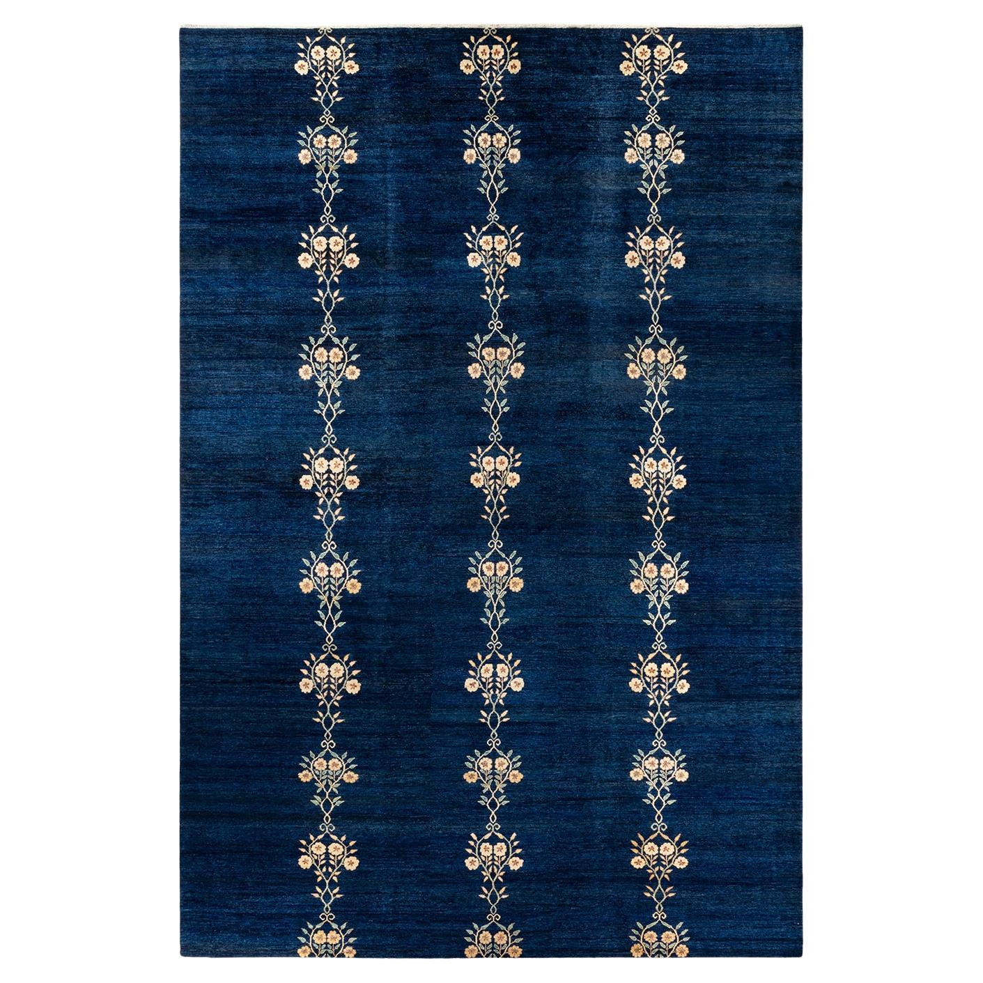 Contemporary Eclectic Hand Knotted Wool Blue Area Rug For Sale