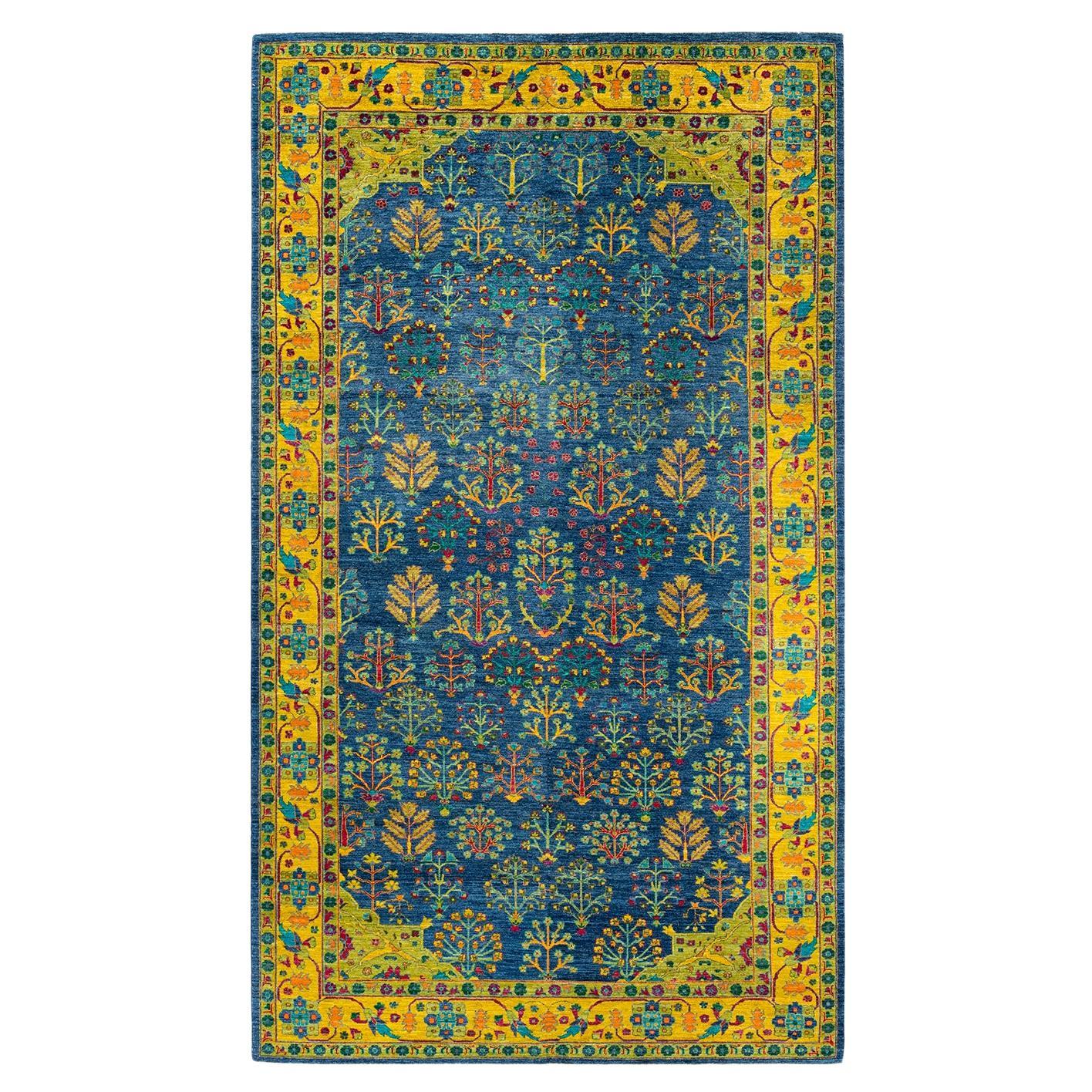 Contemporary Eclectic Hand Knotted Wool Blue Area Rug  For Sale