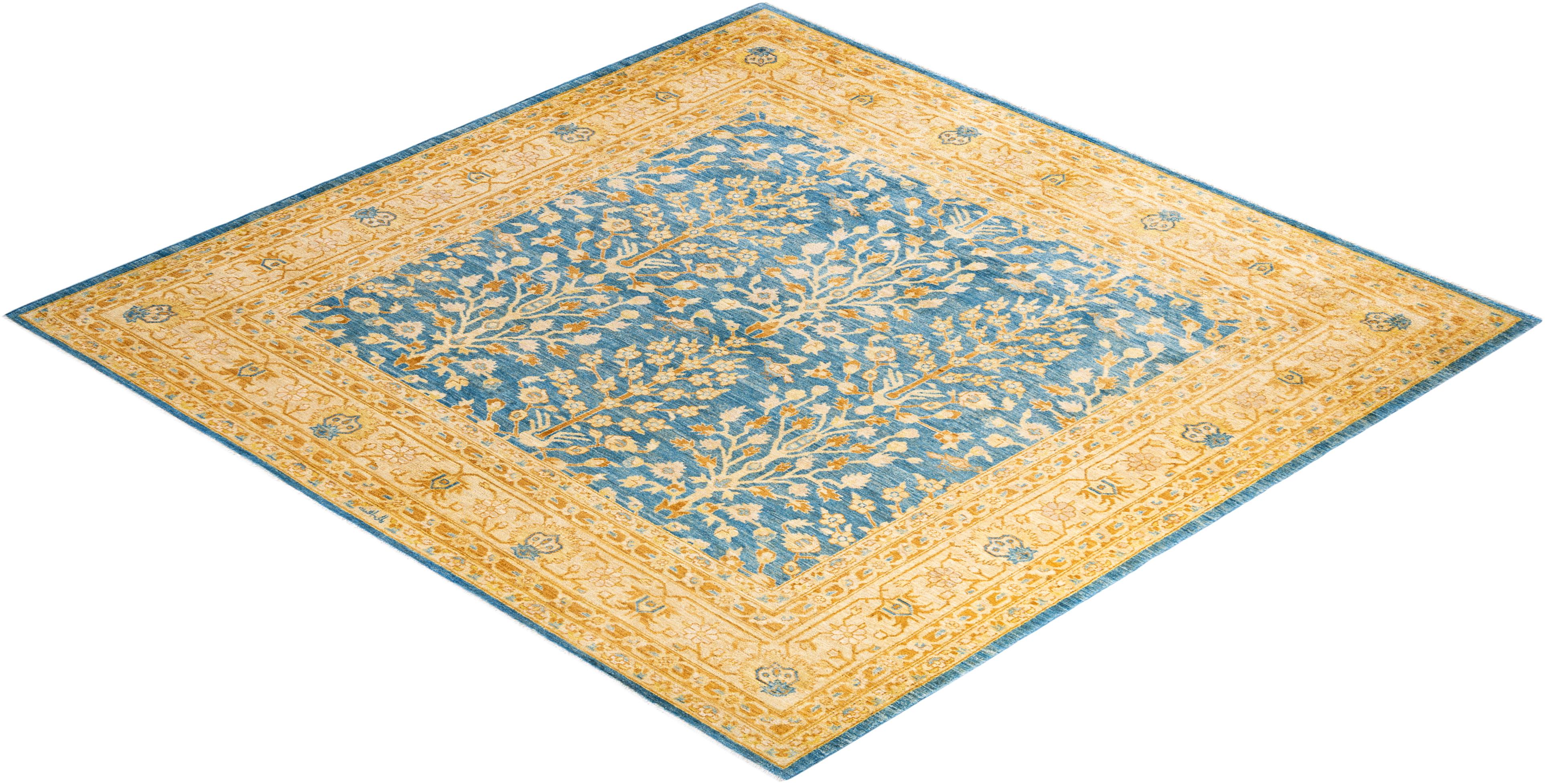 Contemporary Eclectic Hand Knotted Wool Blue Square Area Rug  For Sale 4