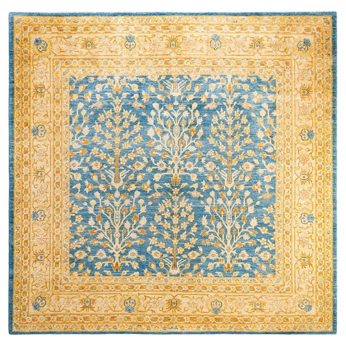 Contemporary Eclectic Hand Knotted Wool Blue Square Area Rug  For Sale
