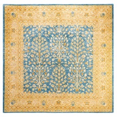 Contemporary Eclectic Hand Knotted Wool Blue Square Area Rug 