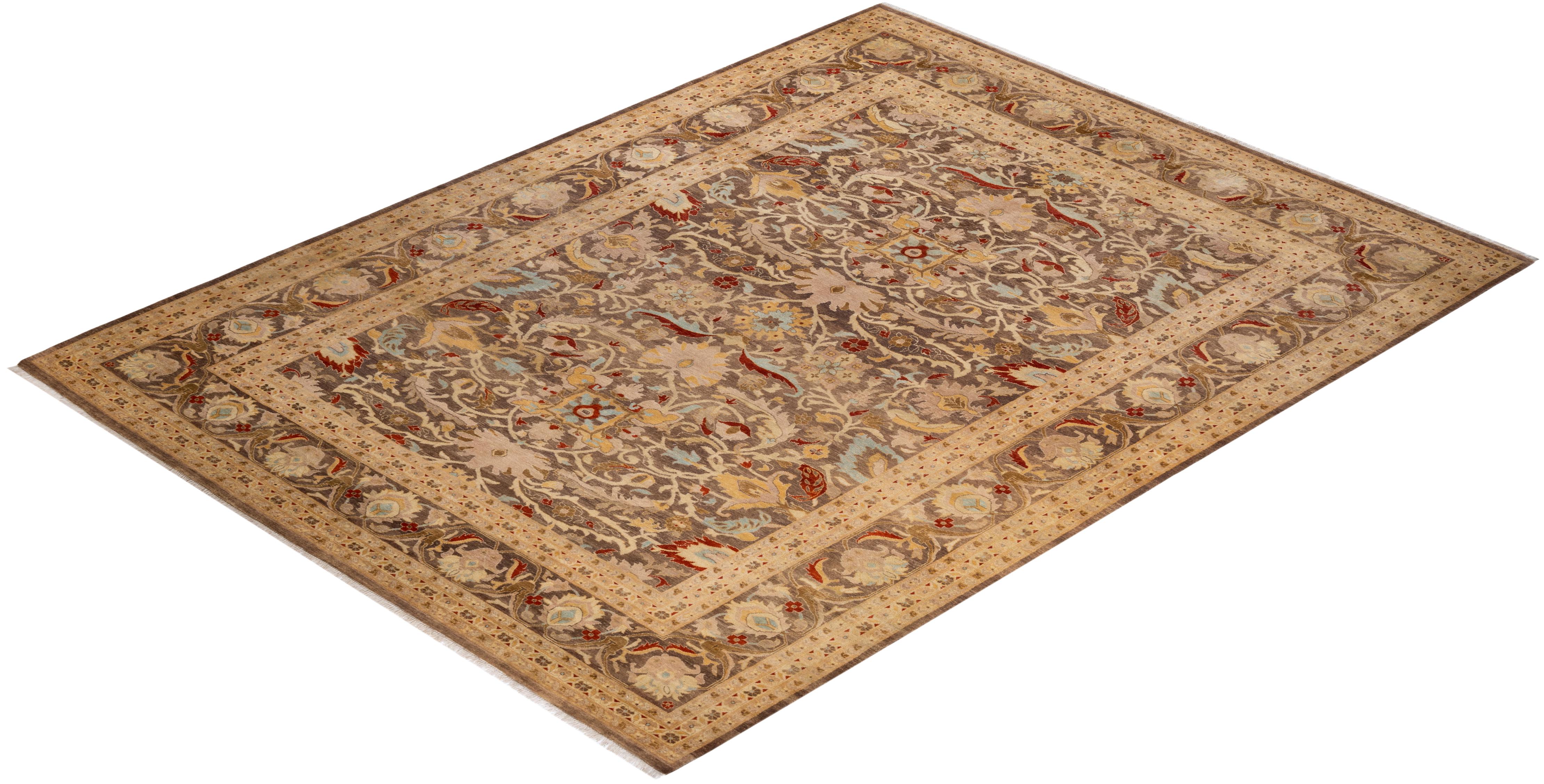 Contemporary Eclectic Hand Knotted Wool Brown Area Rug For Sale 4