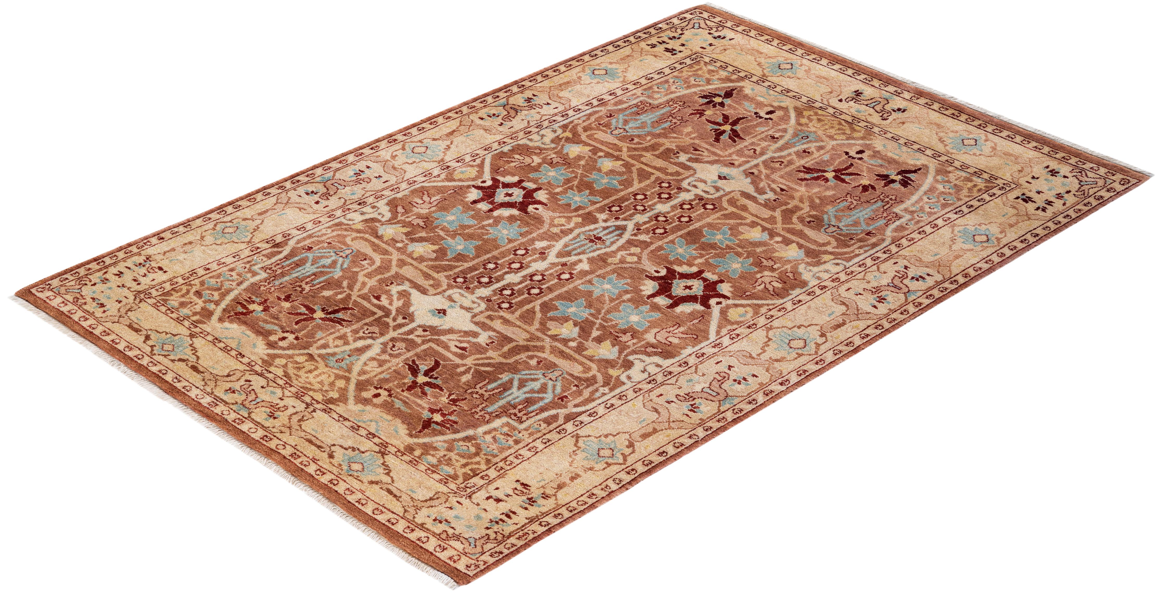 Contemporary Eclectic Hand Knotted Wool Brown Area Rug For Sale 4