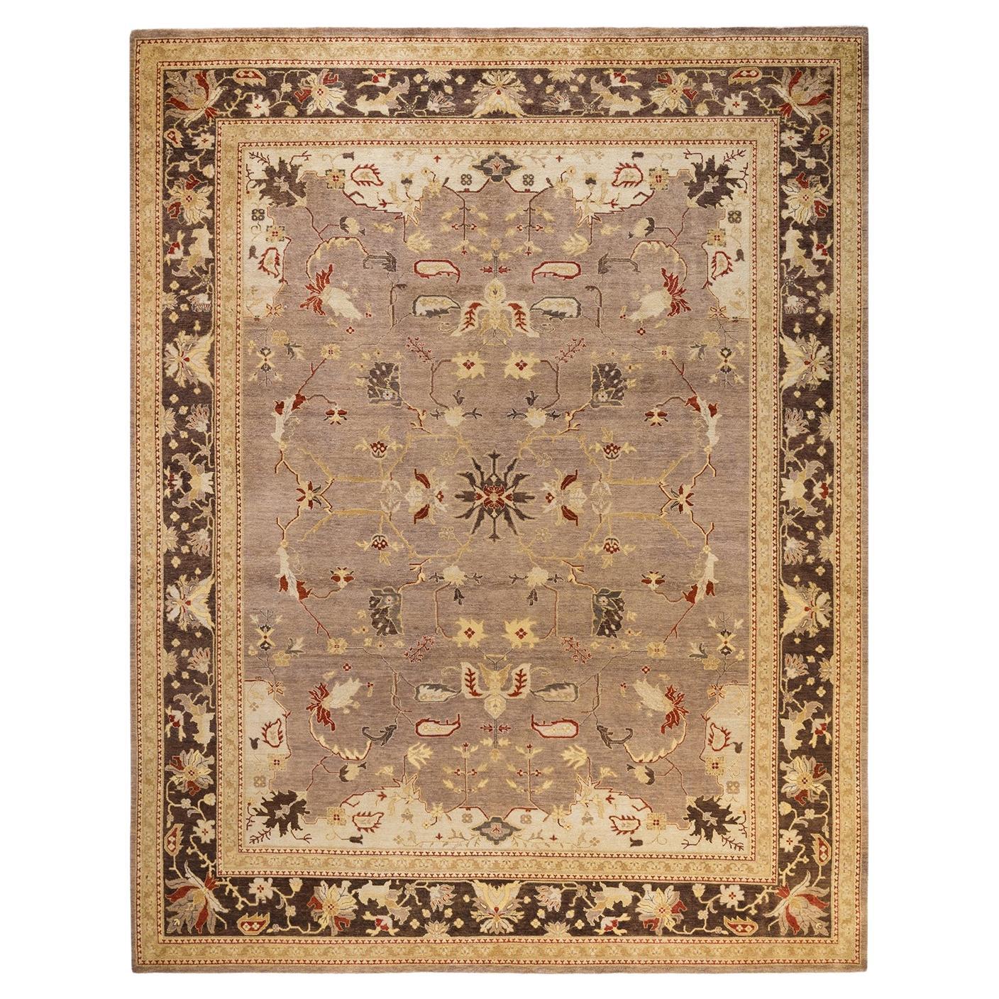 Contemporary Eclectic Hand Knotted Wool Brown Area Rug For Sale