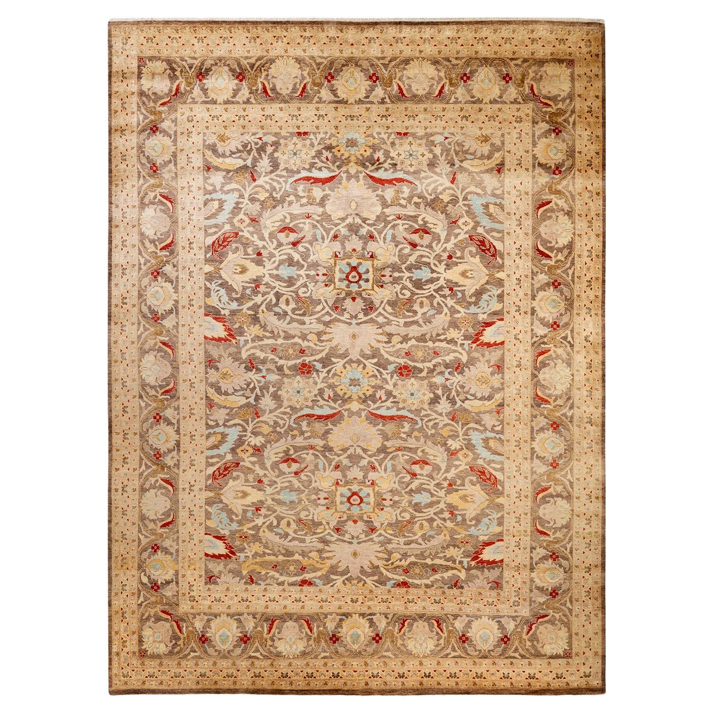 Contemporary Eclectic Hand Knotted Wool Brown Area Rug For Sale