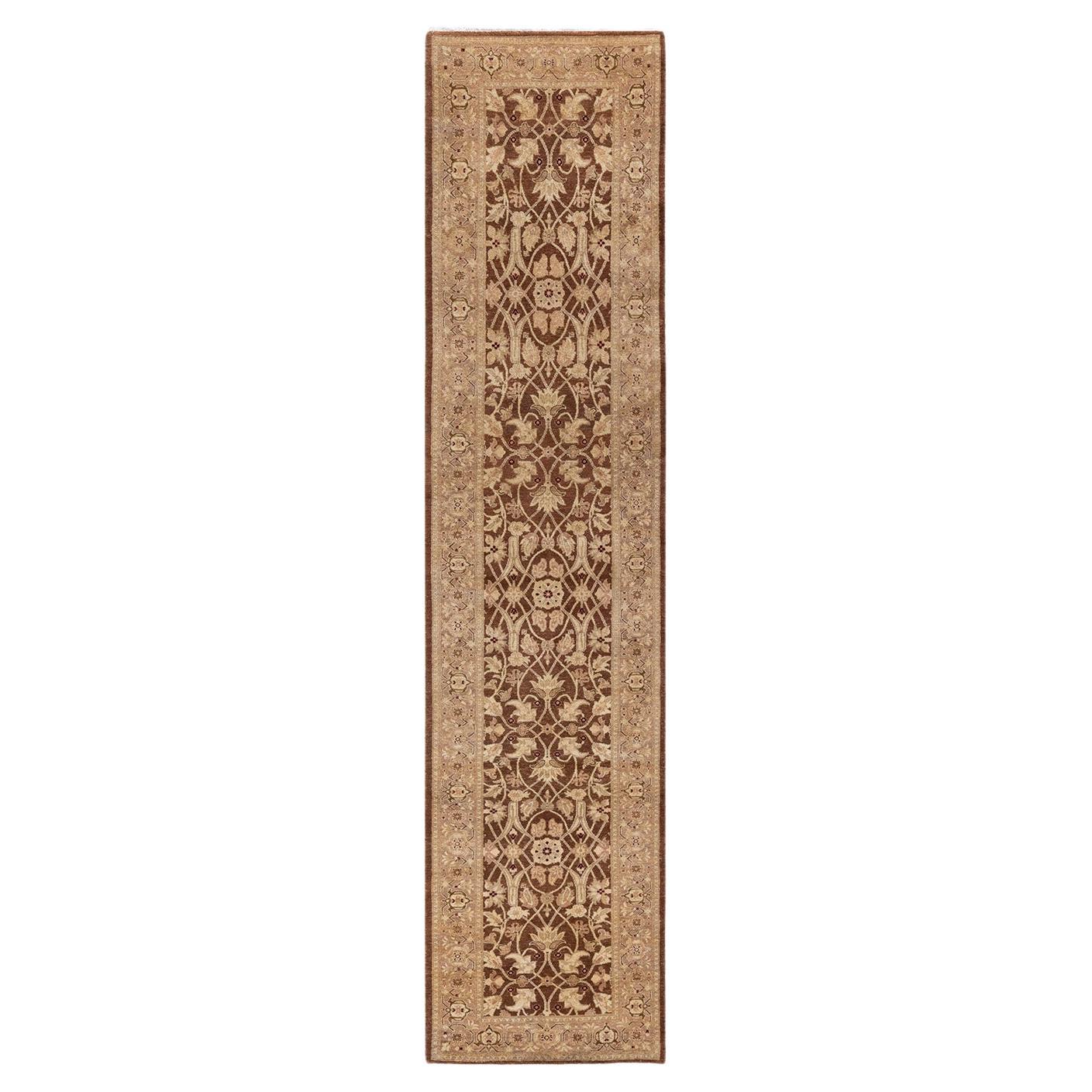 Contemporary Eclectic Hand Knotted Wool Brown Runner For Sale
