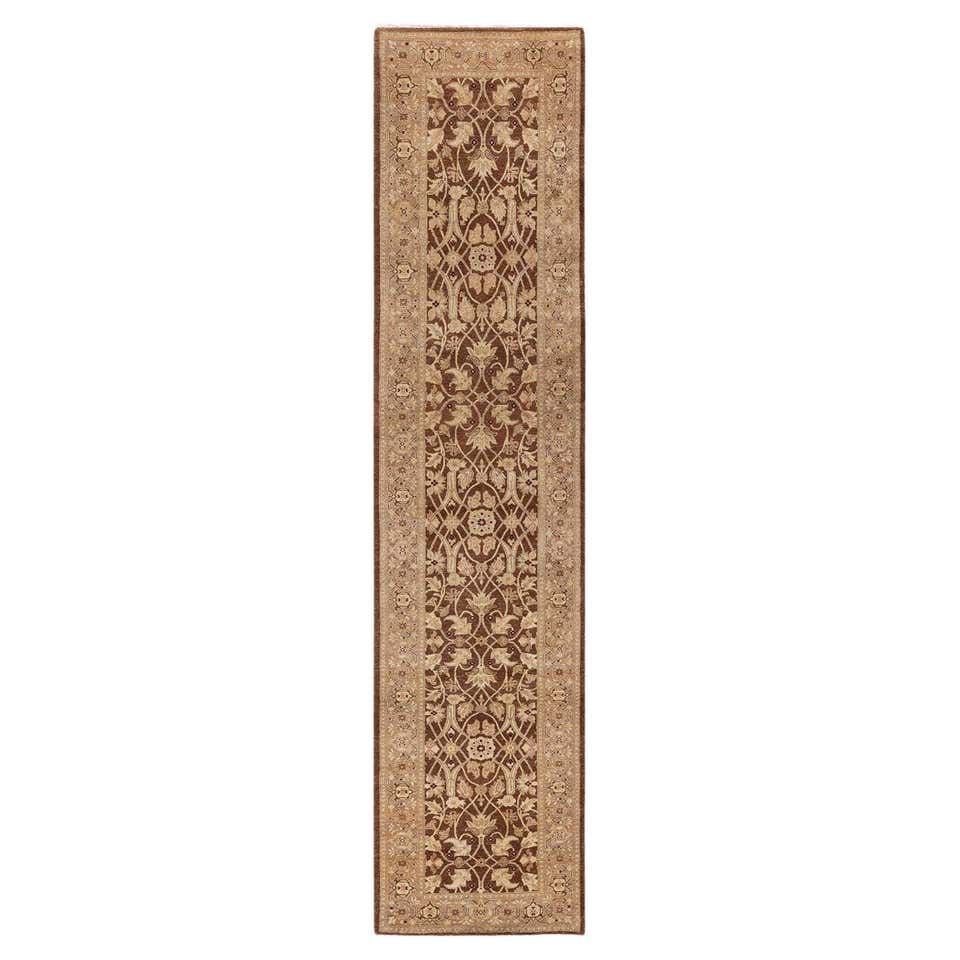Contemporary Eclectic Hand Knotted Wool Ivory Runner For Sale at 1stDibs