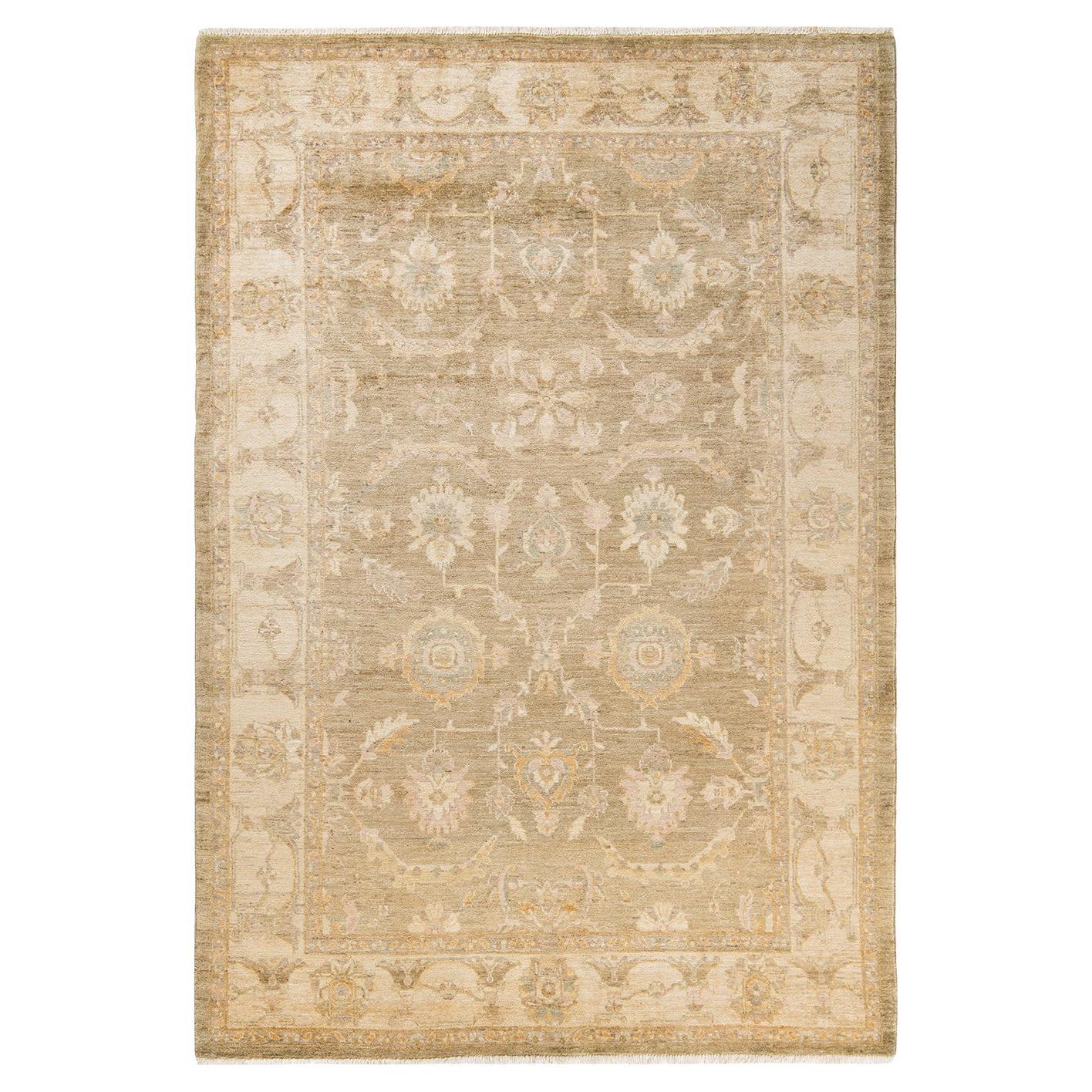 Contemporary Eclectic Hand Knotted Wool Green Area Rug For Sale