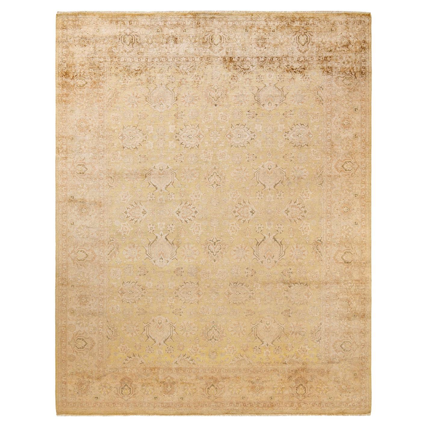 Contemporary Eclectic Hand Knotted Wool Green Area Rug For Sale
