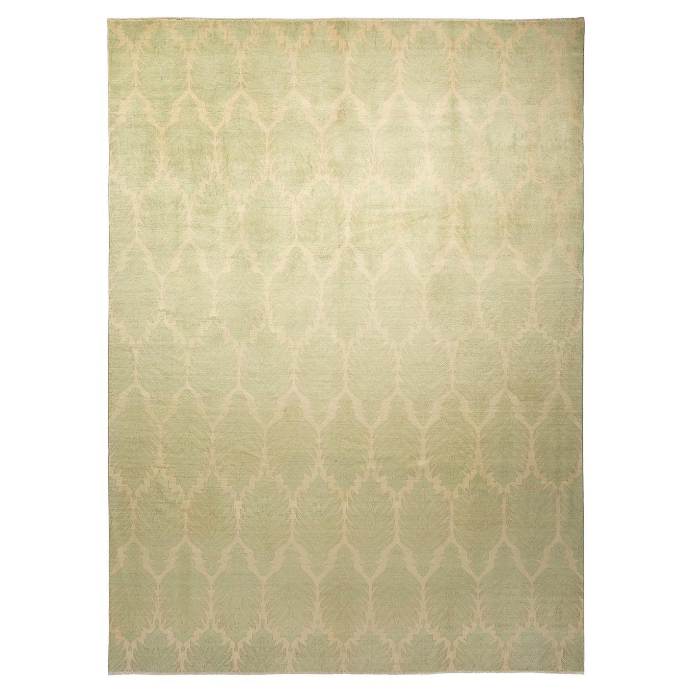 Contemporary Eclectic Hand Knotted Wool Green Area Rug  For Sale