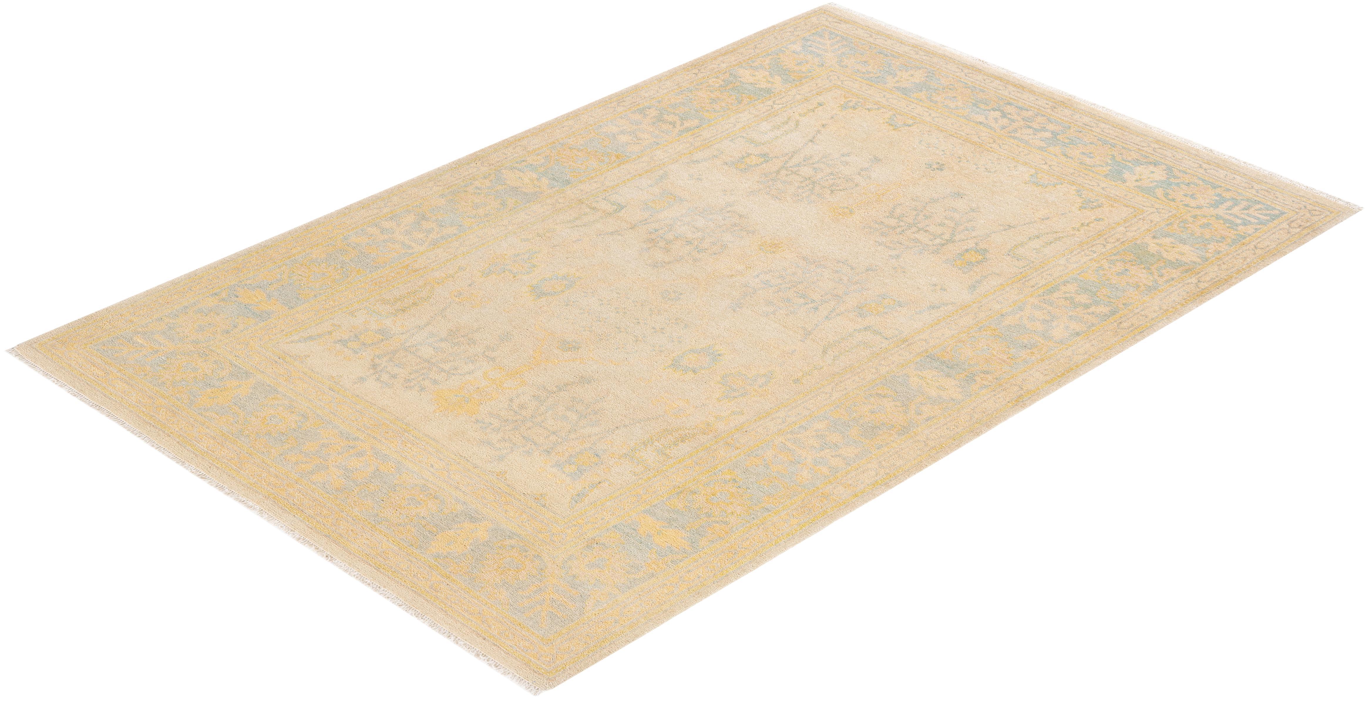 Contemporary Eclectic Hand Knotted Wool Ivory Area Rug For Sale 4