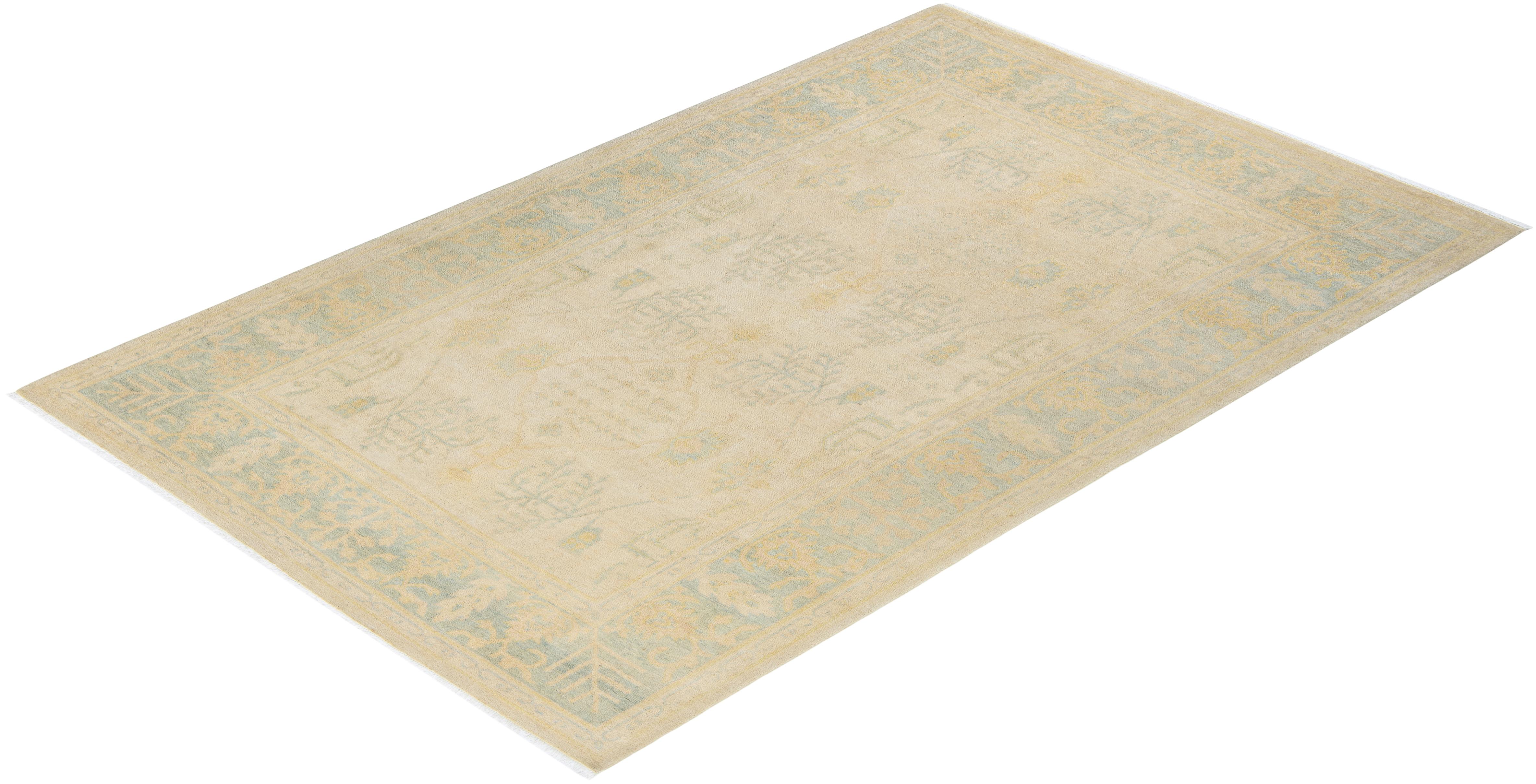 Contemporary Eclectic Hand Knotted Wool Ivory Area Rug For Sale 4