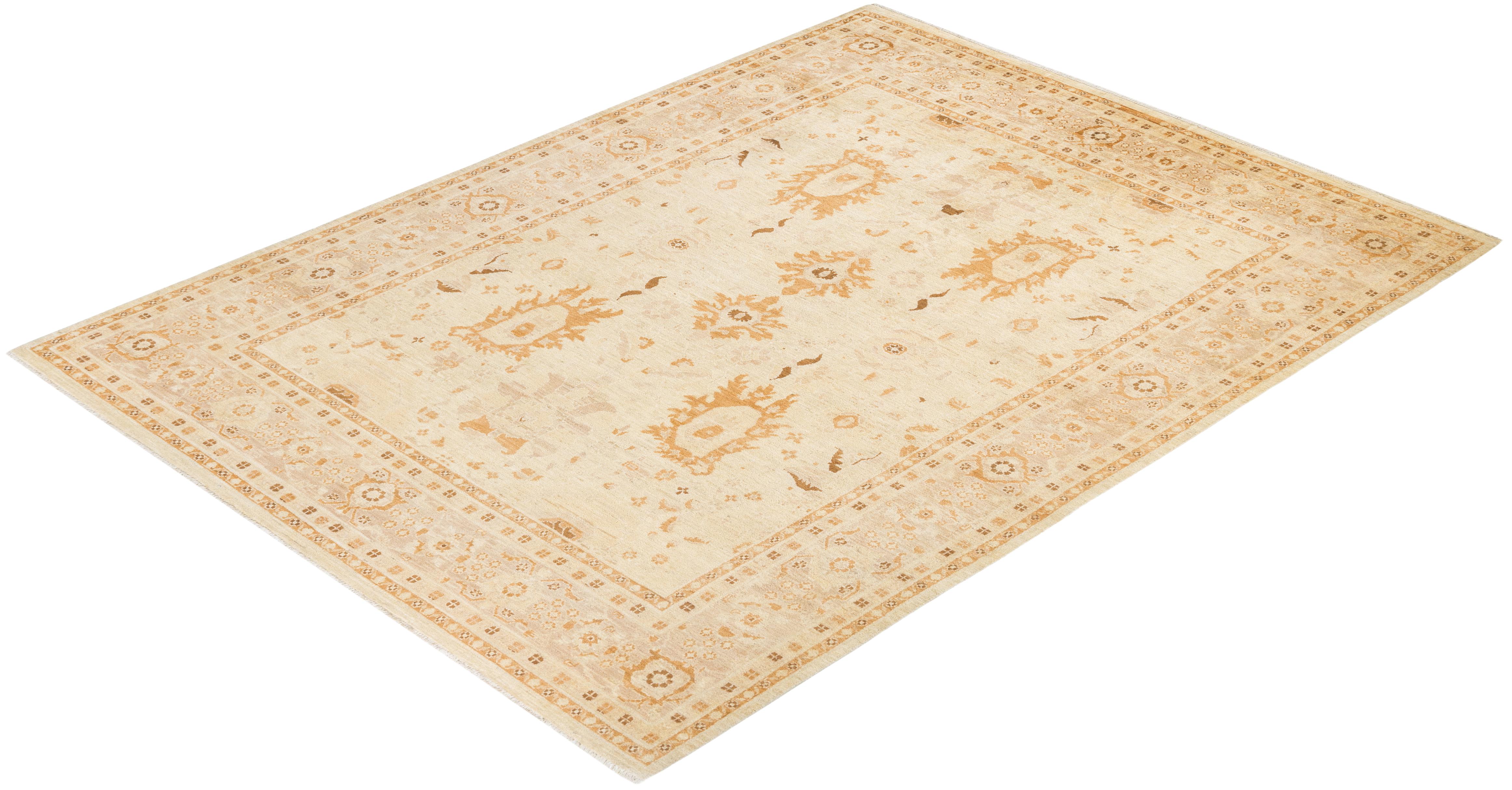 Contemporary Eclectic Hand Knotted Wool Ivory Area Rug  For Sale 4
