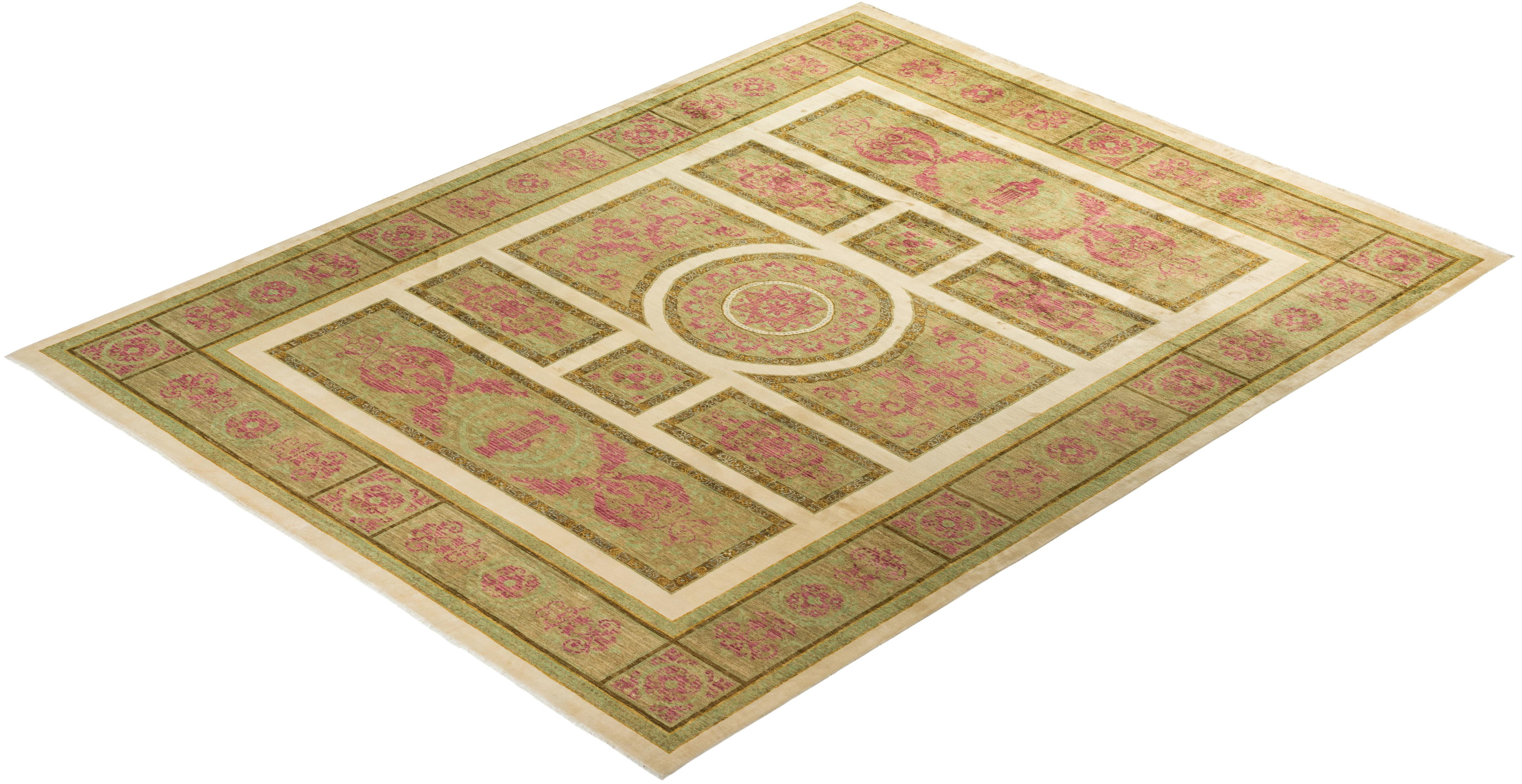 Contemporary Eclectic Hand Knotted Wool Ivory Area Rug  For Sale 4