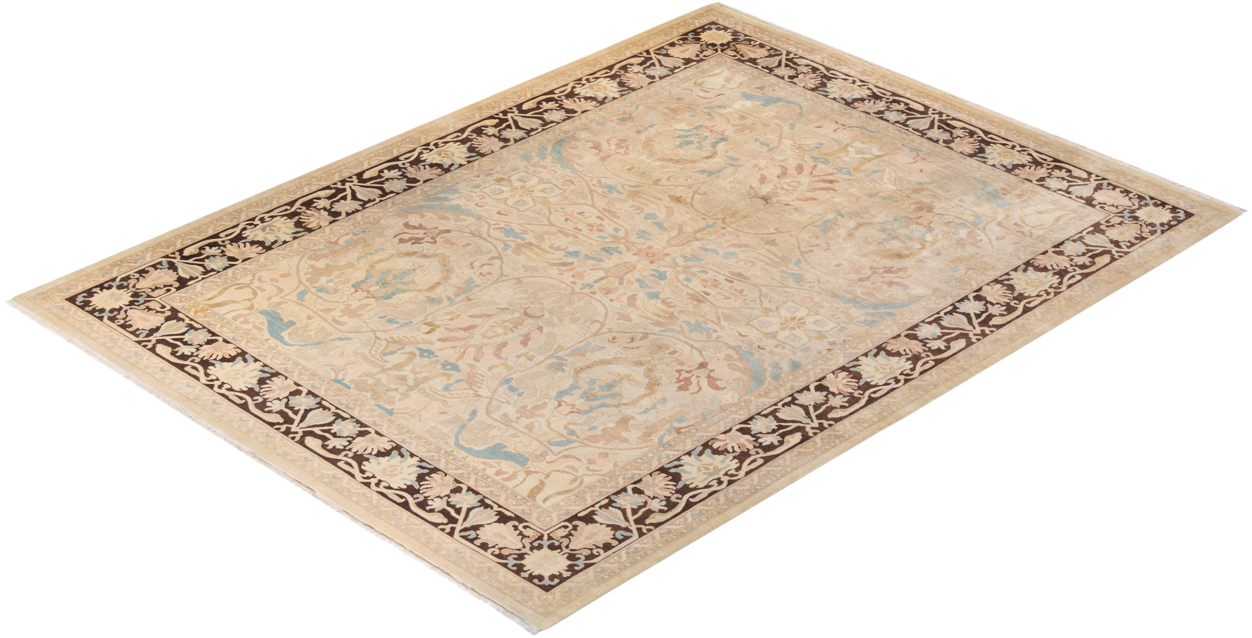 Contemporary Eclectic Hand Knotted Wool Ivory Area Rug For Sale 4